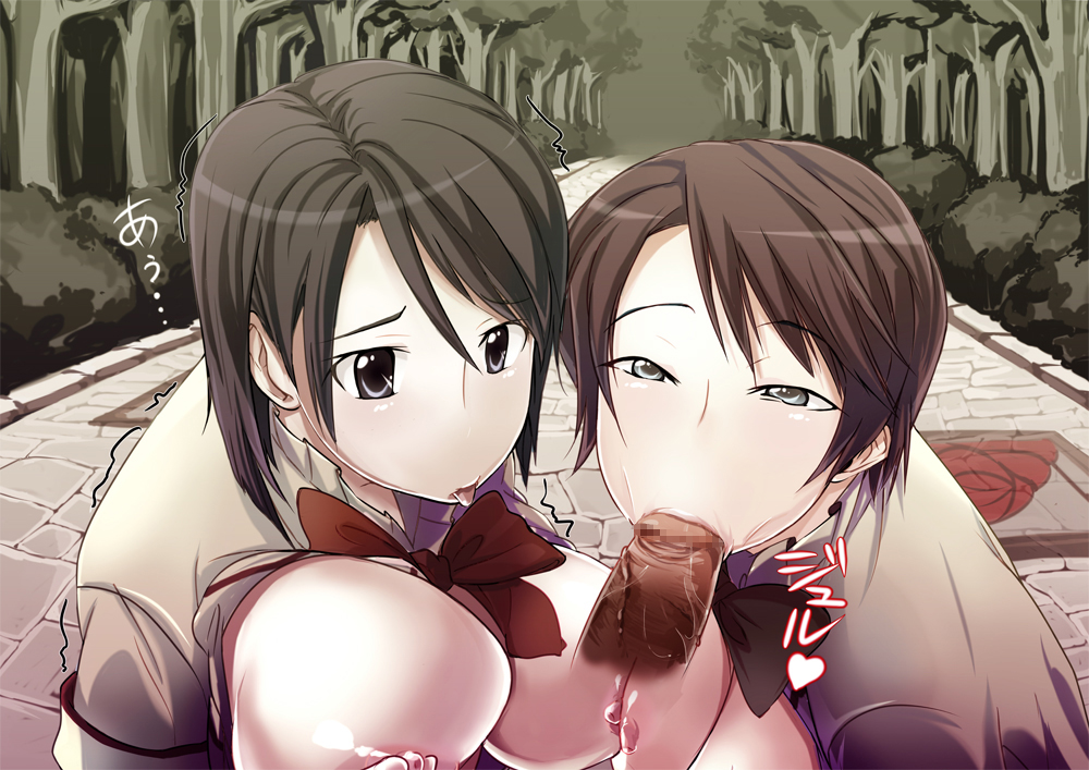 nibante, ishima ryuuken, miyamae kanako, maria holic, bad id, bad pixiv id, 00s, 2girls, :>=, blue eyes, breast press, breasts, brown hair, disembodied penis, fellatio, looking at viewer, mosaic censoring, multiple girls, oral, outdoors, penis, pov, short hair, symmetrical docking, tongue