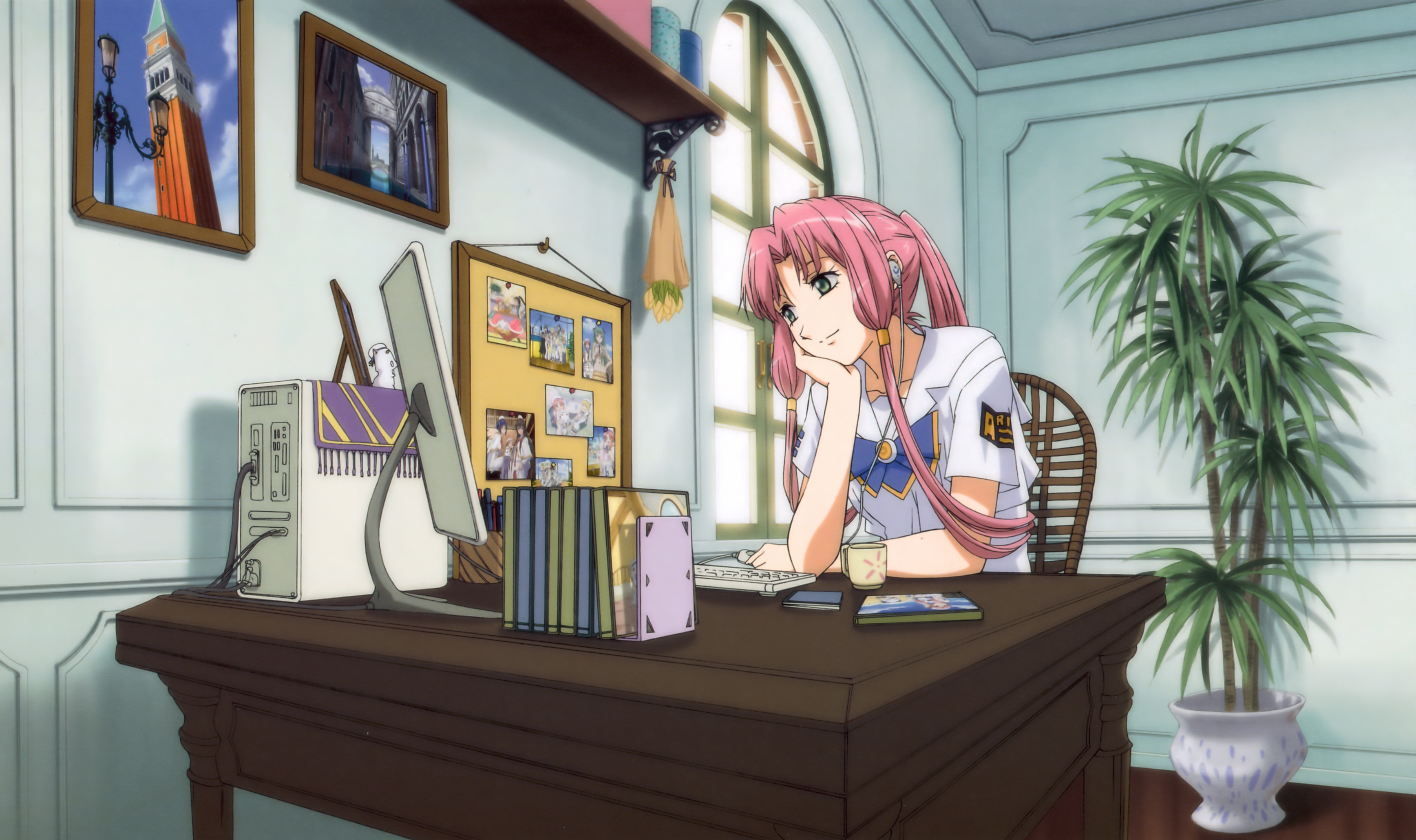 mizunashi akari, aria (manga), aria the animation, aria the natural, aria the origination, absurdres, highres, non-web source, 00s, 1girl, aged up, alternate hair length, alternate hairstyle, blouse, cd case, computer, computer keyboard, desk, drawing (object), female focus, hair tubes, head rest, long hair, monitor, pink hair, ponytail, room, shirt, solo, very long hair, white shirt