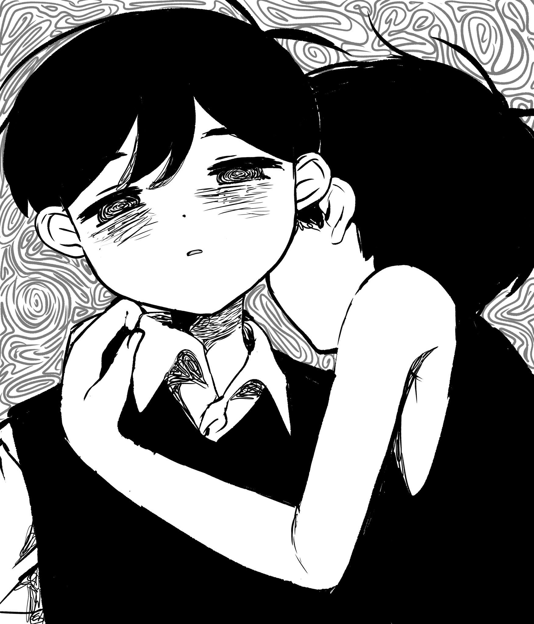 hato popo 37, omori (omori), sunny (omori), omori, highres, 2boys, @ @, antenna hair, collared shirt, double-parted bangs, dual persona, greyscale, hair between eyes, looking at viewer, male focus, monochrome, multiple boys, parted lips, shirt, short hair, sweater vest, tank top