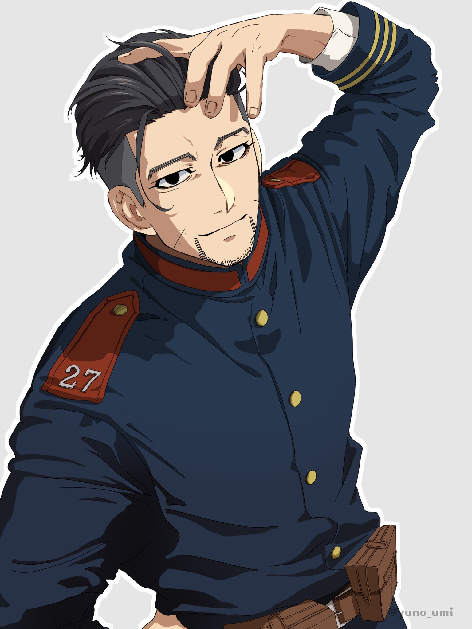 washiko (rasuko), ogata hyakunosuke, golden kamuy, commentary request, highres, 1boy, black eyes, black hair, buttons, closed mouth, fingernails, grey background, long sideburns, long sleeves, looking at viewer, male focus, military uniform, short hair, sideburns, simple background, smile, solo, undercut, upper body