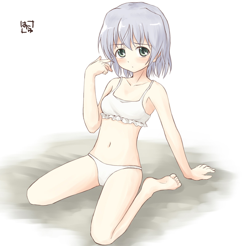 sanya v. litvyak, hanyu, strike witches, world witches series, silver hair, 00s, 1girl, arm support, barefoot, blush, bra, female focus, green eyes, kneeling, lingerie, navel, panties, purple hair, short hair, signature, solo, twirling hair, underwear, underwear only