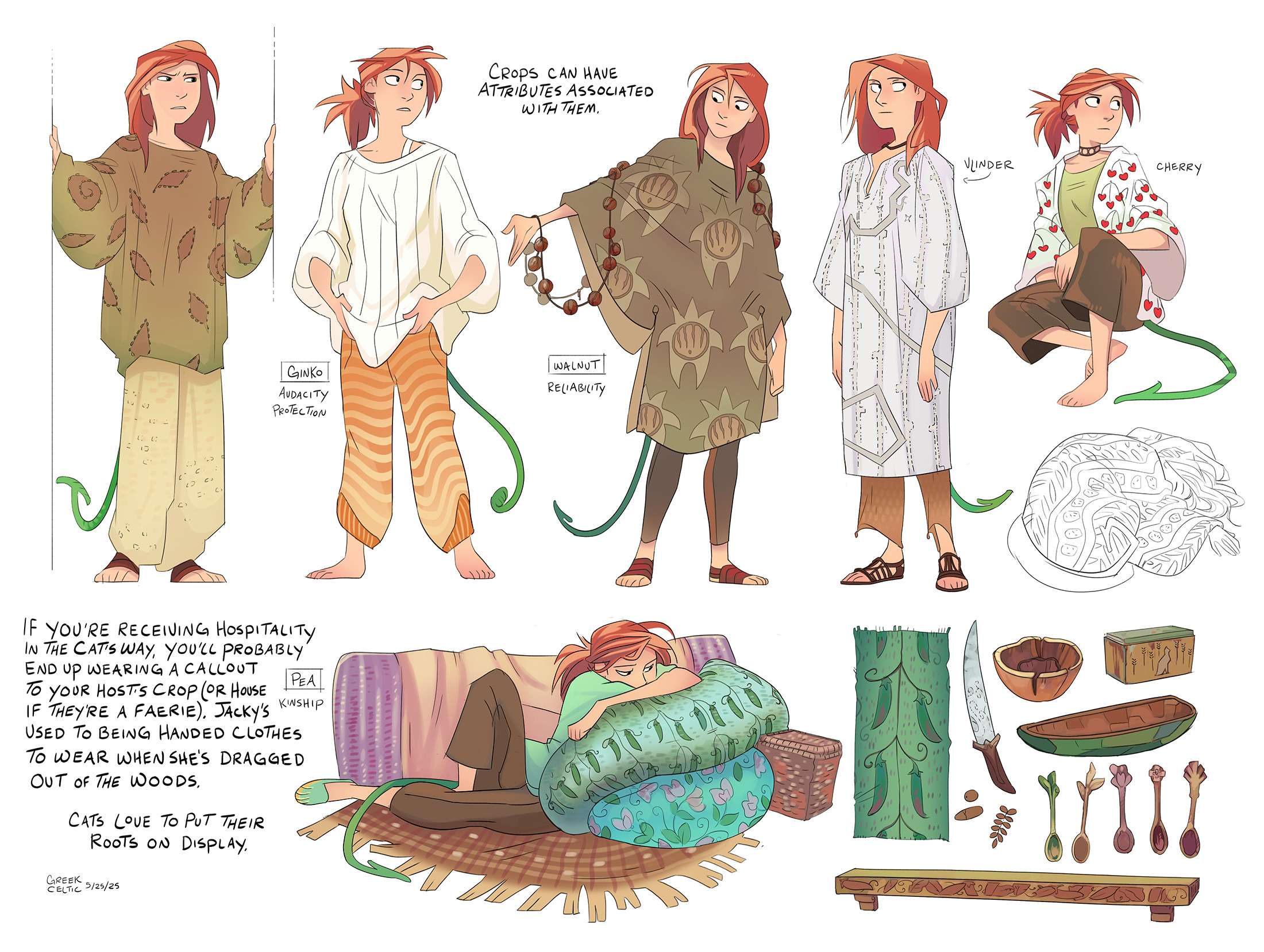 highres, 1girl, barefoot, bowl, box, brown pants, brown sandals, brown shirt, choker, collar, cushion, dated, english text, full body, greekceltic, jacky (greekceltic), jumpsuit, knife, long sleeves, lying, multiple persona, on cushion, orange hair, pants, ponytail, print shirt, sandals, shirt, signature, sitting, solo, spoon, tail, white shirt, yellow pants