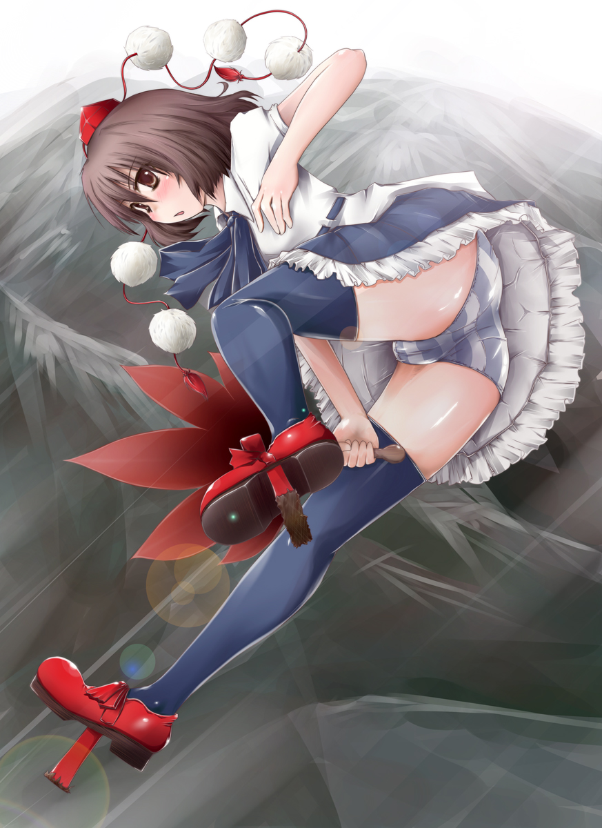 natsume riu, shameimaru aya, touhou, highres, 1girl, ass, brown eyes, brown hair, cameltoe, female focus, geta, hat, looking at viewer, panties, solo, striped clothes, striped panties, tengu-geta, thighhighs, underwear, upskirt