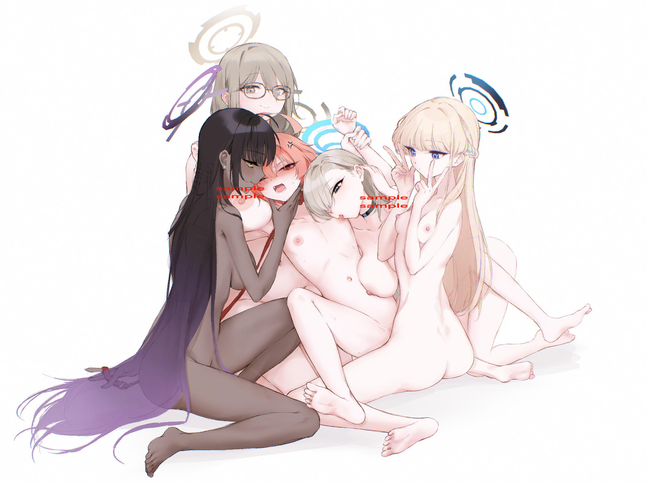 05111107a, akane (blue archive), asuna (blue archive), karin (blue archive), neru (blue archive), toki (blue archive), blue archive, commentary, commission, highres, 5girls, barefoot, biting, black choker, black hair, blonde hair, blue eyes, breasts, brown eyes, choker, cleaning & clearing (blue archive), closed mouth, completely nude, dark-skinned female, dark skin, double v, flat chest, glasses, gradient hair, grey hair, halo, large breasts, multicolored hair, multiple girls, navel, nipple biting, nipple stimulation, nipples, nude, open mouth, pink hair, purple hair, pussy juice, red eyes, simple background, smile, soles, toes, v, white background, yuri