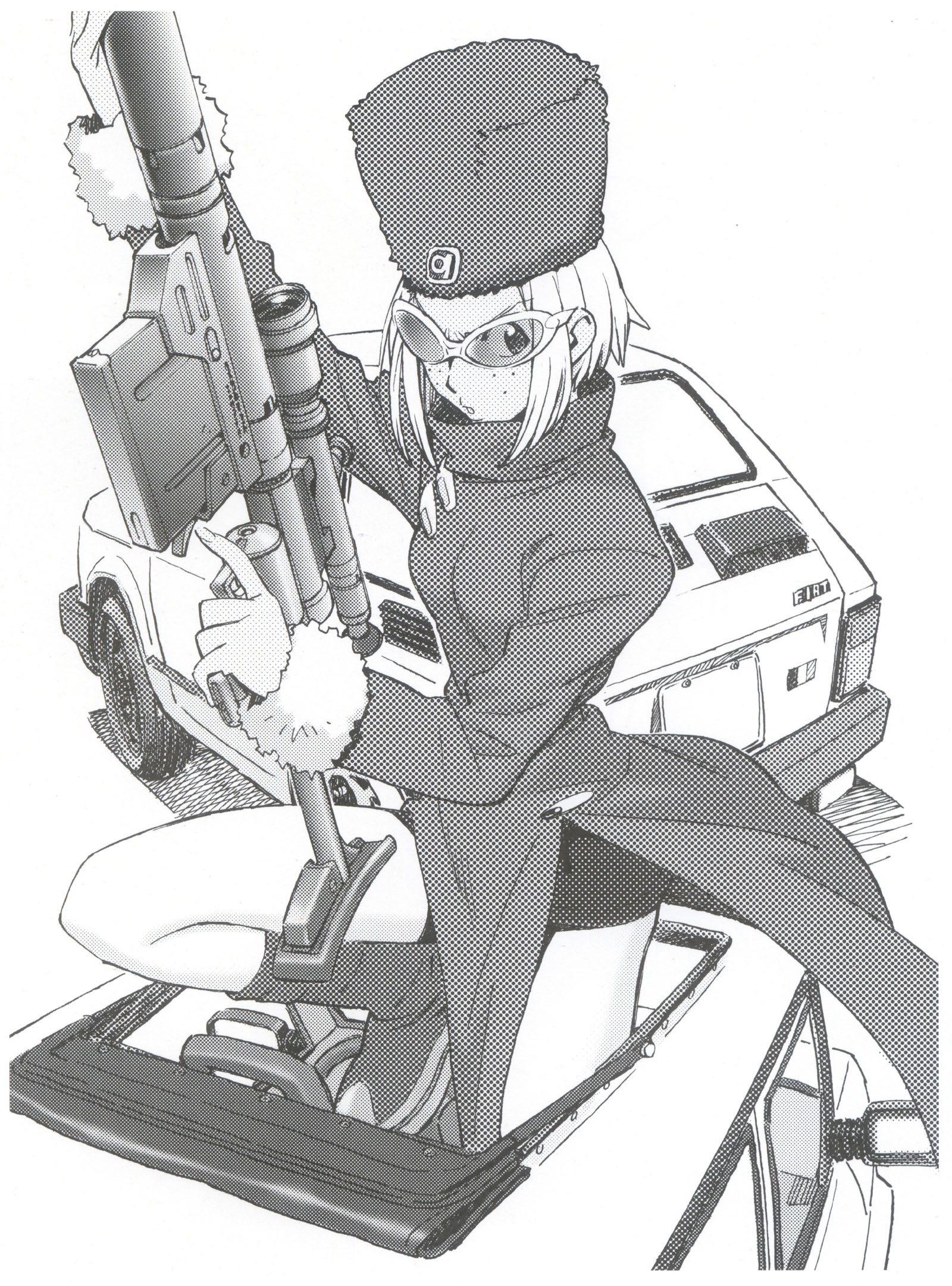 sadamoto yoshiyuki, kitsurubami, fiat, flcl, highres, official art, 00s, 1girl, car, female focus, freckles, fur hat, goggles, greyscale, gun, hat, left-handed, military, military uniform, monochrome, motor vehicle, rifle, sniper rifle, solo, trigger discipline, weapon