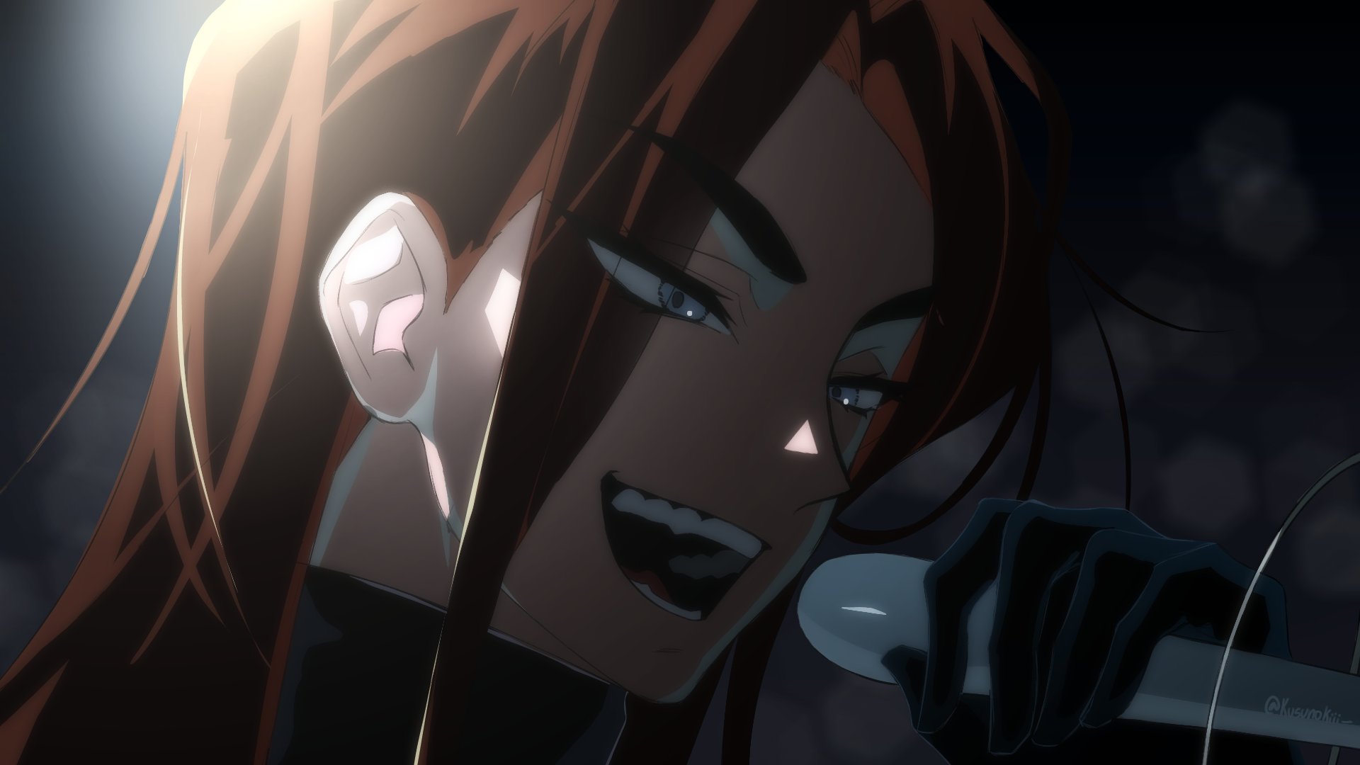 hyuna (alien stage), alien stage, commentary, derivative work, english commentary, highres, screenshot redraw, 1girl, black gloves, brown hair, dark-skinned female, dark skin, gloves, grey eyes, holding, holding microphone, kusunokiii, long hair, microphone, open mouth, smile, solo, turtleneck