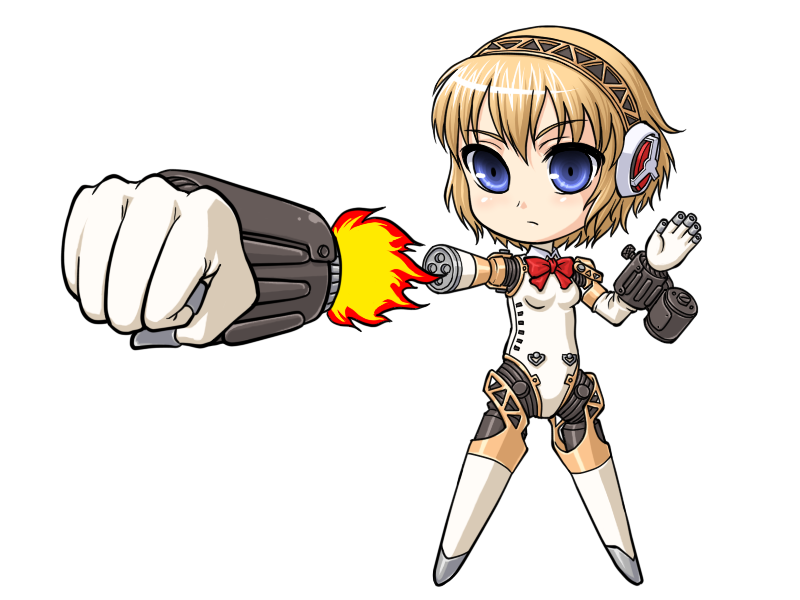 masa yuki, yukimasa (nkk145), aigis (persona), atlus, persona, persona 3, bad id, bad pixiv id, 1girl, android, blonde hair, blue eyes, chibi, female focus, punching, rocket punch, short hair, solo