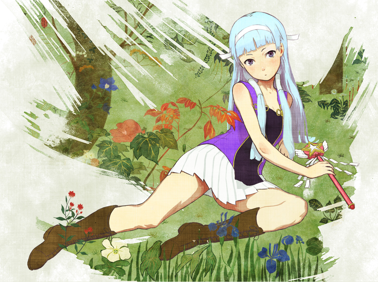 nababa, nagi, kannagi, bad id, bad pixiv id, 00s, 1girl, blue hair, blunt bangs, boots, female focus, full body, hair tubes, hairband, head tilt, lace-up boots, long hair, lying, on side, outdoors, pleated skirt, purple eyes, skirt, solo, wand, white skirt
