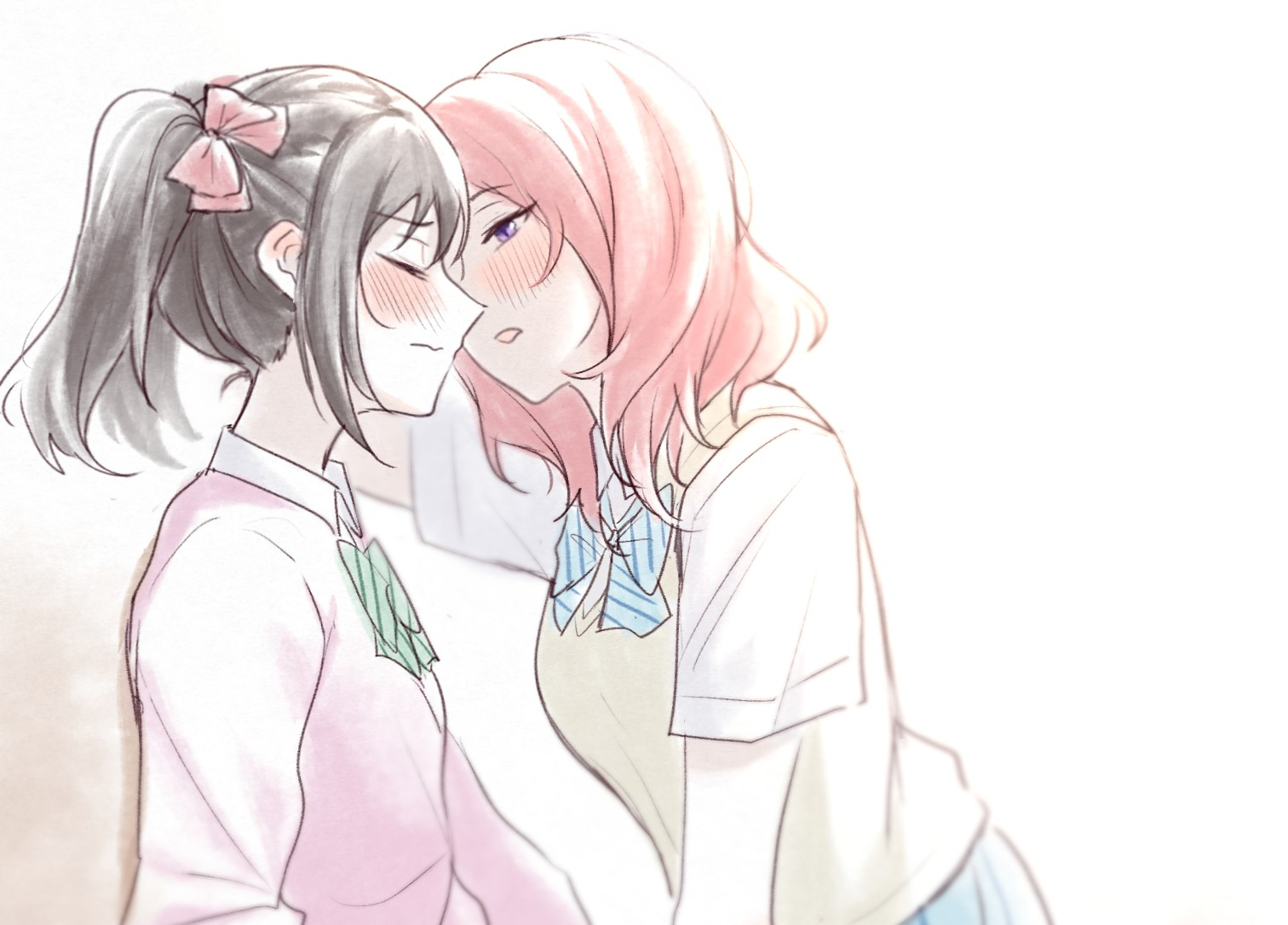 risai, nishikino maki, yazawa nico, love live!, love live! school idol project, commentary request, 2girls, black hair, blue necktie, blush, bow, closed eyes, closed mouth, collared shirt, green necktie, hair bow, looking at another, medium hair, multiple girls, necktie, open mouth, otonokizaka school uniform, pink bow, pink sweater, purple eyes, red hair, school uniform, shirt, short sleeves, sweater, sweater vest, twintails, white shirt, yellow sweater vest, yuri