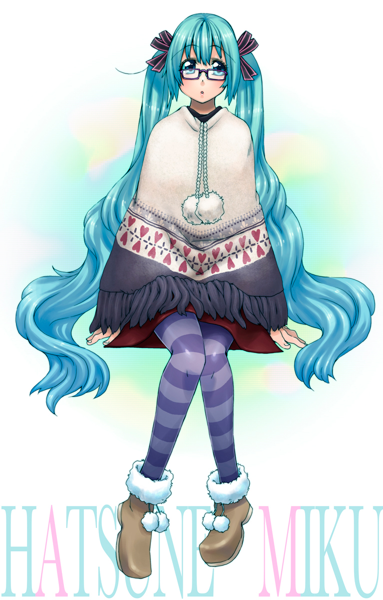 takanashi ringo, hatsune miku, vocaloid, highres, 1girl, aqua eyes, aqua hair, bespectacled, female focus, glasses, hair ribbon, long hair, poncho, ribbon, sitting, solo, striped clothes, striped thighhighs, thighhighs, twintails