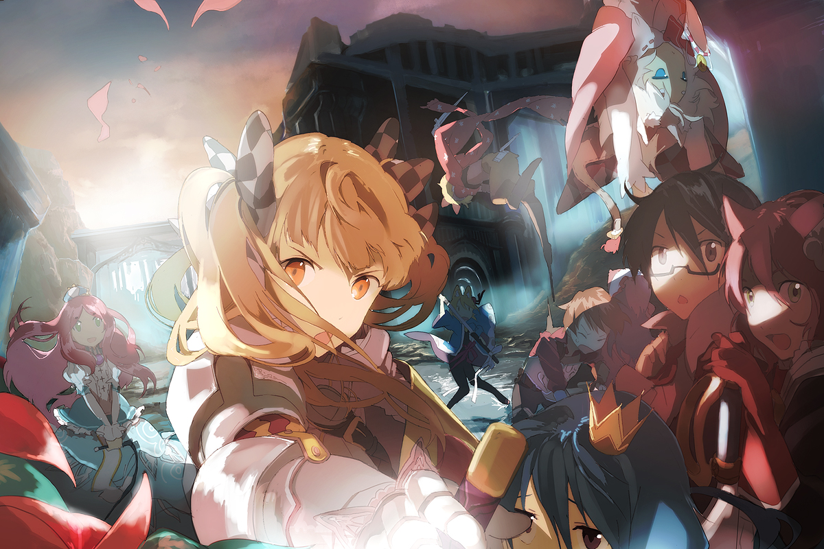 tanu, berich (7th dragon), fighter (7th dragon), harukara (7th dragon), hatch (7th dragon), healer (7th dragon), ikurakun (7th dragon), knight (7th dragon), mage (7th dragon), maron (7th dragon), momomeno (7th dragon), namuna (7th dragon), princess (7th dragon), rogue (7th dragon), rosary (7th dragon), samurai (7th dragon), 7th dragon, 7th dragon (series), bad id, bad pixiv id, 2boys, 6+girls, animal ears, blonde hair, cat ears, everyone, fox ears, multiple boys, multiple girls, sword, the seventh dragon, twintails, weapon, yellow eyes