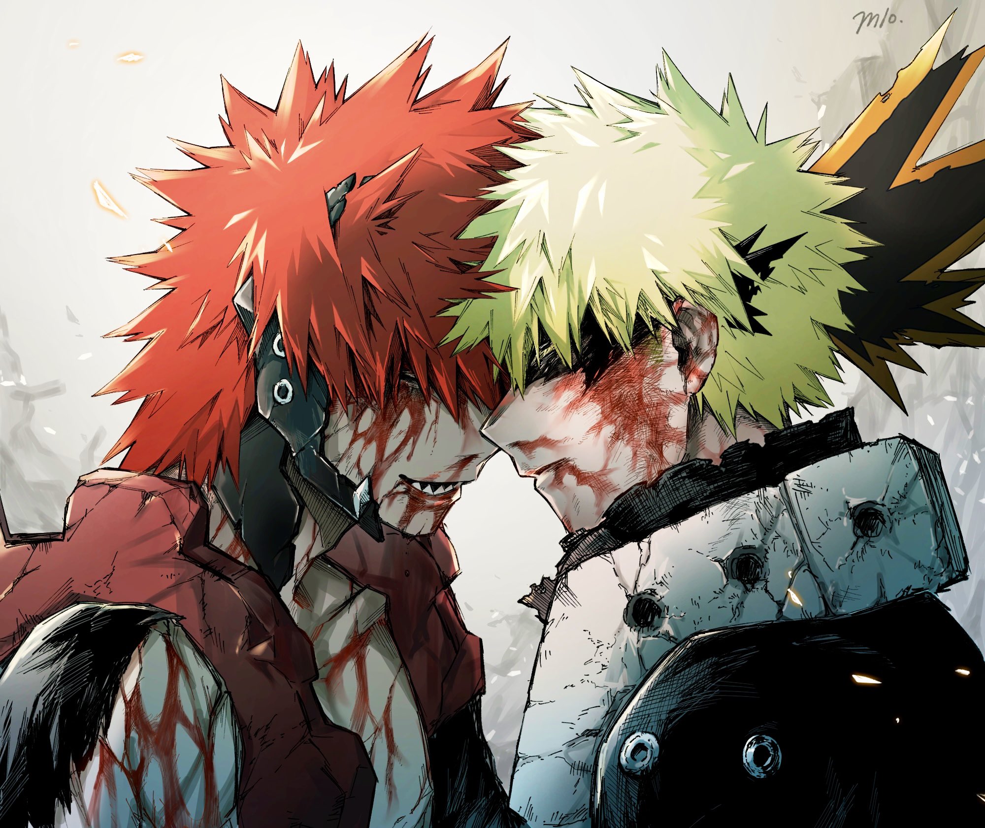 bakugou katsuki, kirishima eijiro, boku no hero academia, commentary request, highres, 17pagdot0w79390, 2boys, blood, blood on body, blood on face, eye mask, forehead-to-forehead, from side, heads together, lower teeth only, male focus, mask, multiple boys, red hair, sharp teeth, short hair, spiked hair, teeth, upper body