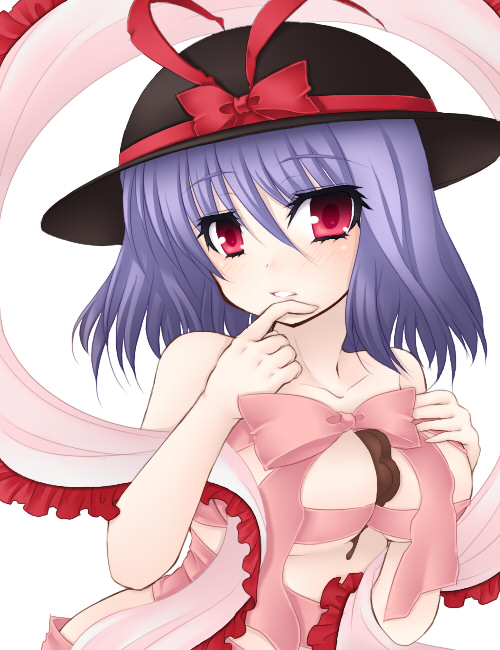 jyako, nagae iku, touhou, 1girl, bare shoulders, between breasts, blue hair, breasts, chocolate, female focus, hat, large breasts, melting, naked ribbon, purple hair, red eyes, ribbon, short hair, solo, valentine