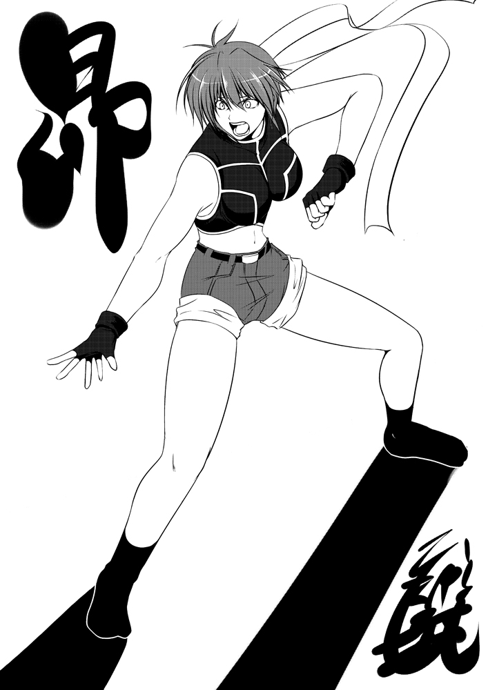 hagane soushi, subaru nakajima, lyrical nanoha, mahou shoujo lyrical nanoha, mahou shoujo lyrical nanoha strikers, 00s, 1girl, bandana, female focus, fighting stance, fingerless gloves, gloves, greyscale, midriff, monochrome, short hair, shorts, solo