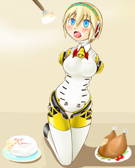 tanaka rikimaru, aigis (persona), atlus, persona, persona 3, no arms, bad id, bad pixiv id, amputee, android, armless amputee, bell, bird, blonde hair, blue eyes, blush, cake, chicken, chicken (food), double amputee, eating, feeding, food, fork, open mouth, pastry, short hair, tongue