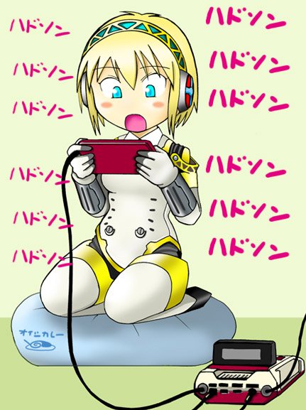 tanaka rikimaru, aigis (persona), atlus, nintendo, persona, persona 3, console, bad id, bad pixiv id, 1girl, android, blonde hair, blue eyes, famicom, female focus, game console, open mouth, playing games, seiza, short hair, sitting, solo, video game