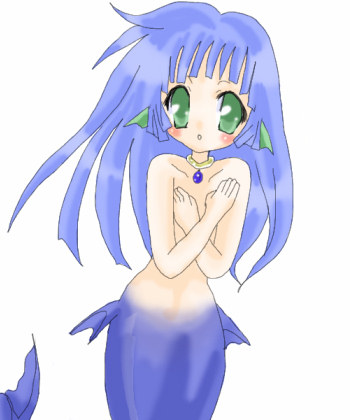 serilly (puyopuyo), madou monogatari, puyopuyo, lowres, 1girl, blue hair, female focus, fins, green eyes, long hair, mermaid, monster girl, solo, topless female