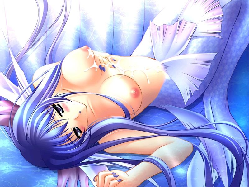 carnelian, dorothea alstroemeris, moldavite, game cg, 1girl, animal ears, blue eyes, blue hair, blush, breasts, cum, cum on body, cum on breasts, cum on upper body, female focus, fins, head fins, long hair, lying, matching hair/eyes, mermaid, monster girl, nail polish, nipples, nude, solo, very long hair