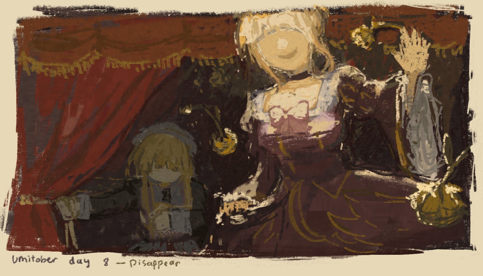 beatrice (umineko), yasu (umineko), umineko no naku koro ni, highres, 2girls, blonde hair, curtains, dress, flower, frilled sleeves, frills, hair flower, hair ornament, long dress, long hair, memmimi34567, multiple girls, no eyes, wide sleeves