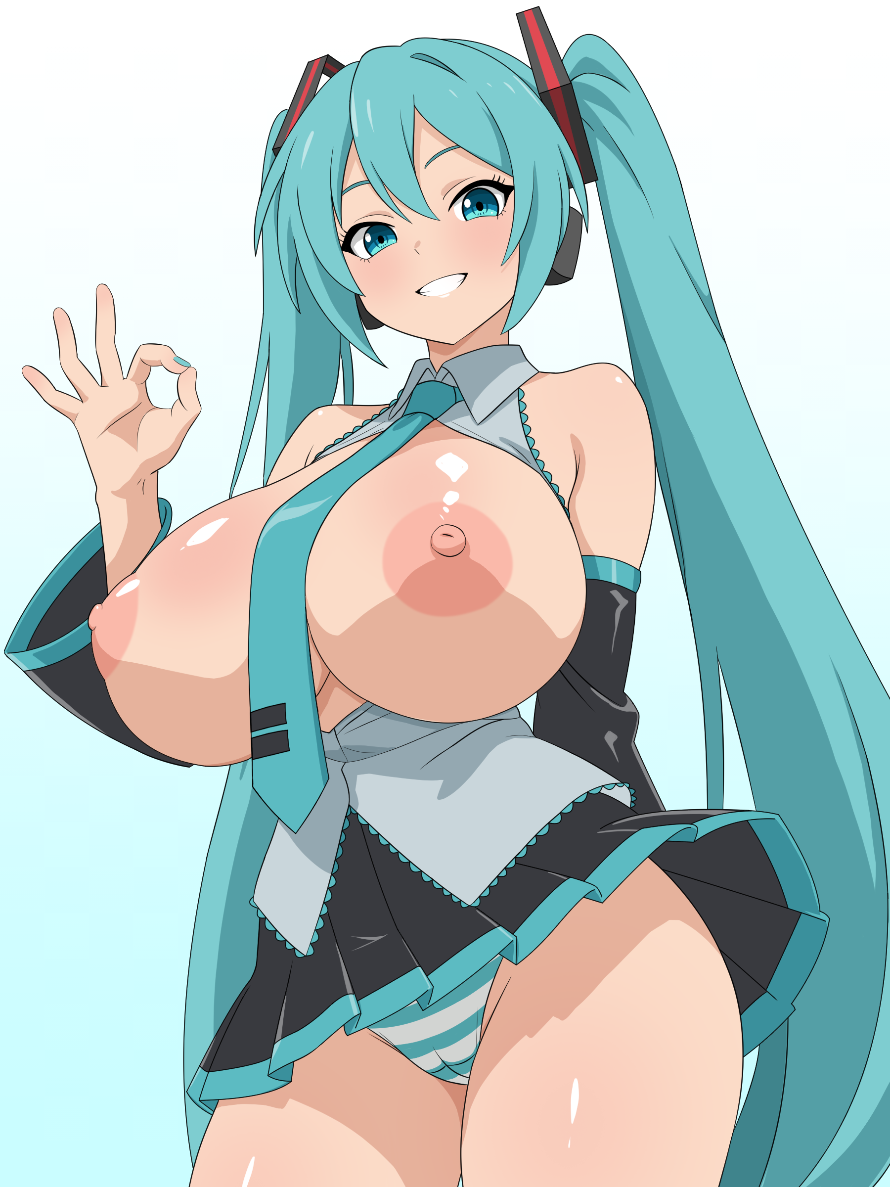 migikoba, hatsune miku, vocaloid, absurdres, highres, 1girl, alternate breast size (larger), aqua background, aqua eyes, aqua hair, aqua nails, arm at side, black skirt, black sleeves, blush, breasts, breasts out, cameltoe, closed mouth, cowboy shot, detached sleeves, dot nose, fingernails, hair between eyes, handjob gesture, huge breasts, legs together, long hair, looking at viewer, miniskirt, panties, pantyshot, partially unbuttoned, pleated skirt, popped collar, puffy nipples, shiny clothes, shiny skin, shirt, simple background, skirt, sleeveless, sleeveless shirt, smile, solo, standing, striped clothes, striped panties, thighs, tight clothes, twintails, underwear, white background