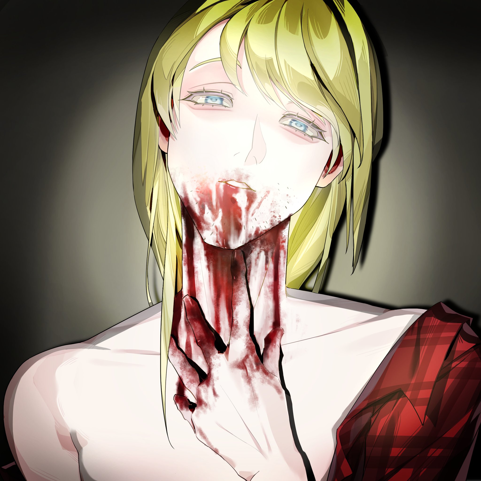 boyfriend to death, highres, 1boy, aegyo sal, blonde hair, blood, blood from mouth, blood on face, blood on hands, blood on neck, blue eyes, half-closed eyes, hand on own neck, head tilt, lawrence oleander, looking at viewer, male focus, plaid clothes, plaid shirt, shirt, shirt partially removed, shrimpy ov, solo, spotlight, upper body