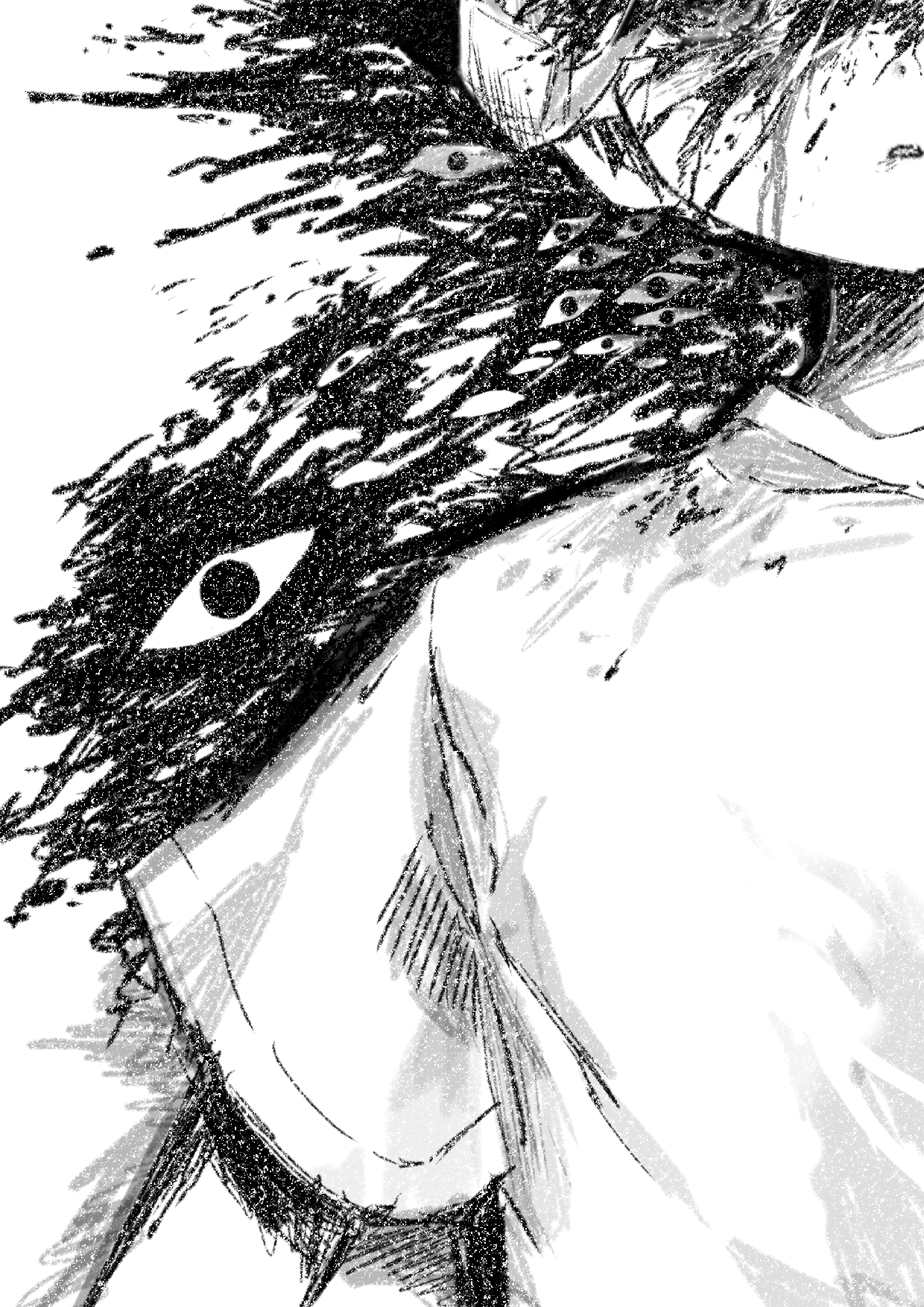 hato popo 37, something (omori), sunny (omori), omori, highres, spoilers, 1boy, closed mouth, greyscale, hospital gown, lying, male focus, monochrome, on back, short sleeves, solo, upper body