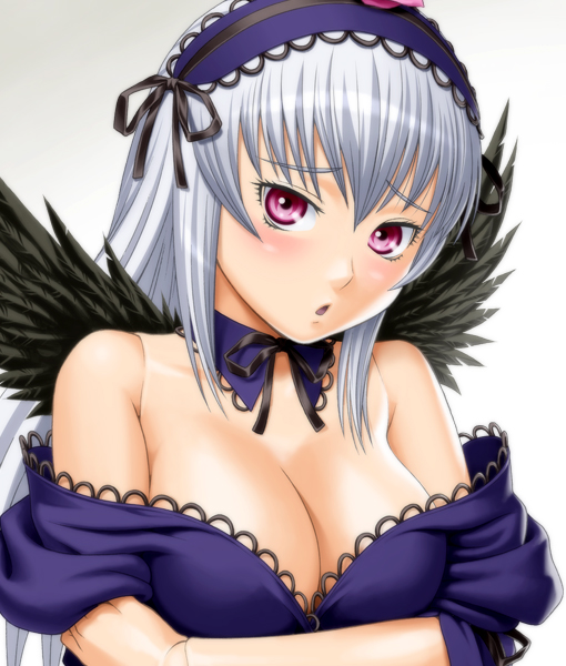 ichikawa masahiro, suigintou, rozen maiden, silver hair, 00s, 1girl, alternate breast size (larger), bare shoulders, blush, breasts, cleavage, detached collar, doll joints, female focus, hairband, joints, large breasts, no bra, off shoulder, purple eyes, solo, undressing, upper body, wings