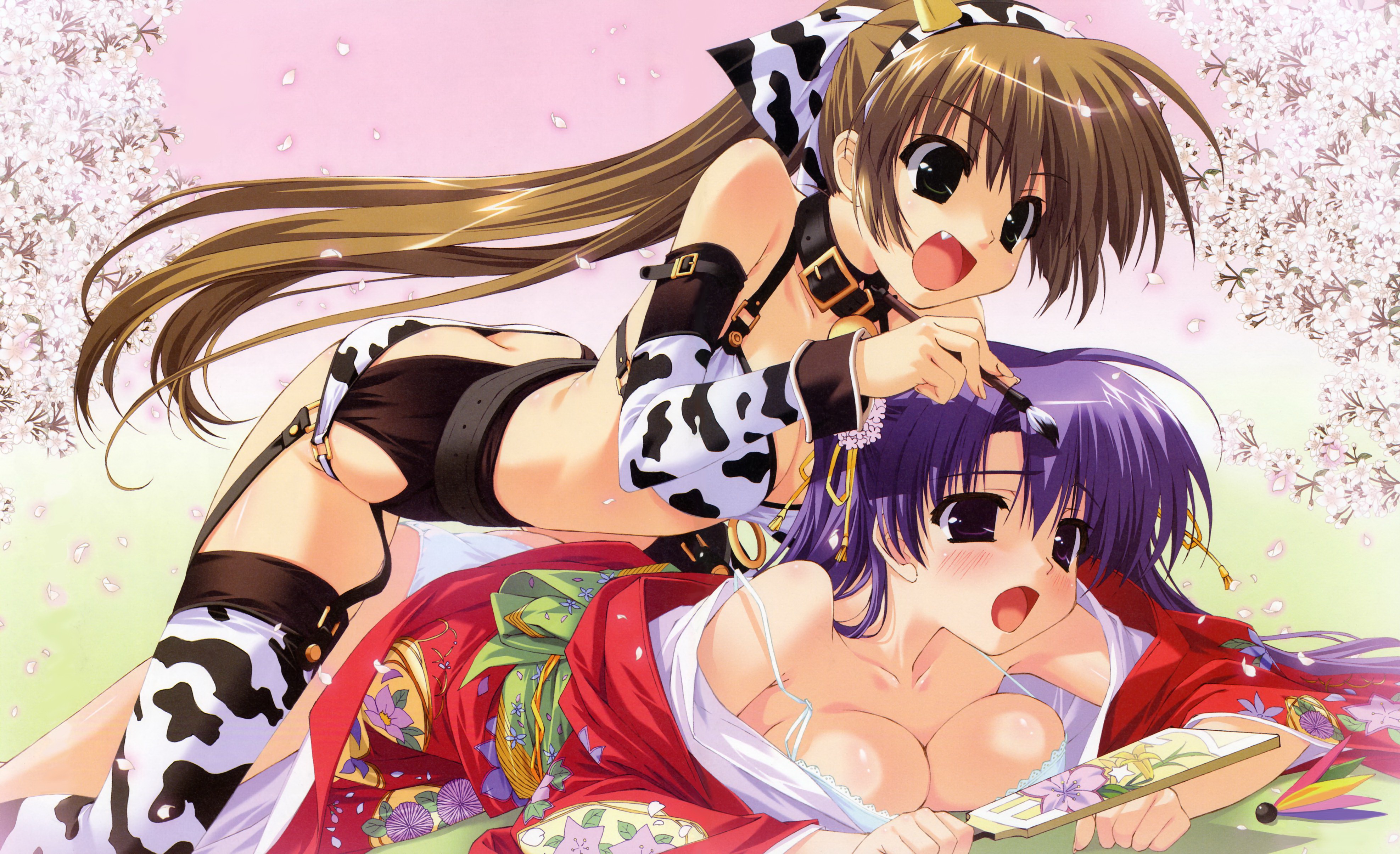 shintarou, absurdres, highres, 2girls, animal print, arched back, ass, belt, bra, breast press, breasts, brown hair, bullying, butt crack, calligraphy brush, cherry blossoms, choker, cleavage, cow print, detached sleeves, drawing on another's face, fang, garter belt, girl on top, green eyes, hanetsuki, japanese clothes, large breasts, lingerie, long hair, multiple girls, new year, open mouth, paintbrush, panties, petals, purple eyes, purple hair, strap, thighhighs, underwear