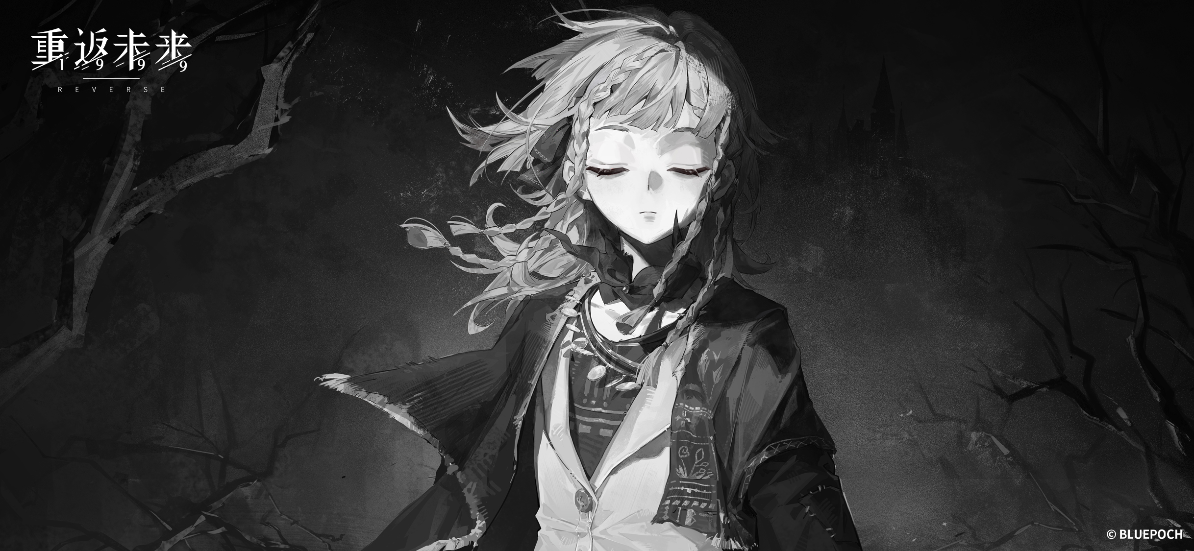 rubuska, reverse:1999, highres, official art, official wallpaper, 1girl, bare tree, black background, cloak, closed mouth, coat, copyright name, copyright notice, facing viewer, floating hair, greyscale, jacket, jewelry, logo, medium hair, monochrome, necklace, quad braids, solo, straight-on, tree, upper body