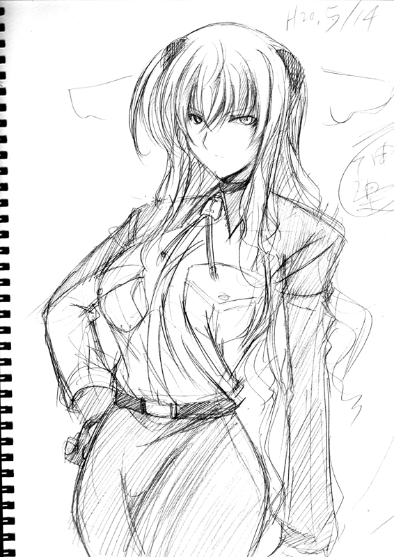 hagane soushi, numbers (nanoha), uno (nanoha), lyrical nanoha, mahou shoujo lyrical nanoha, mahou shoujo lyrical nanoha strikers, traditional media, 00s, breasts, greyscale, large breasts, long hair, monochrome, sketch, solo