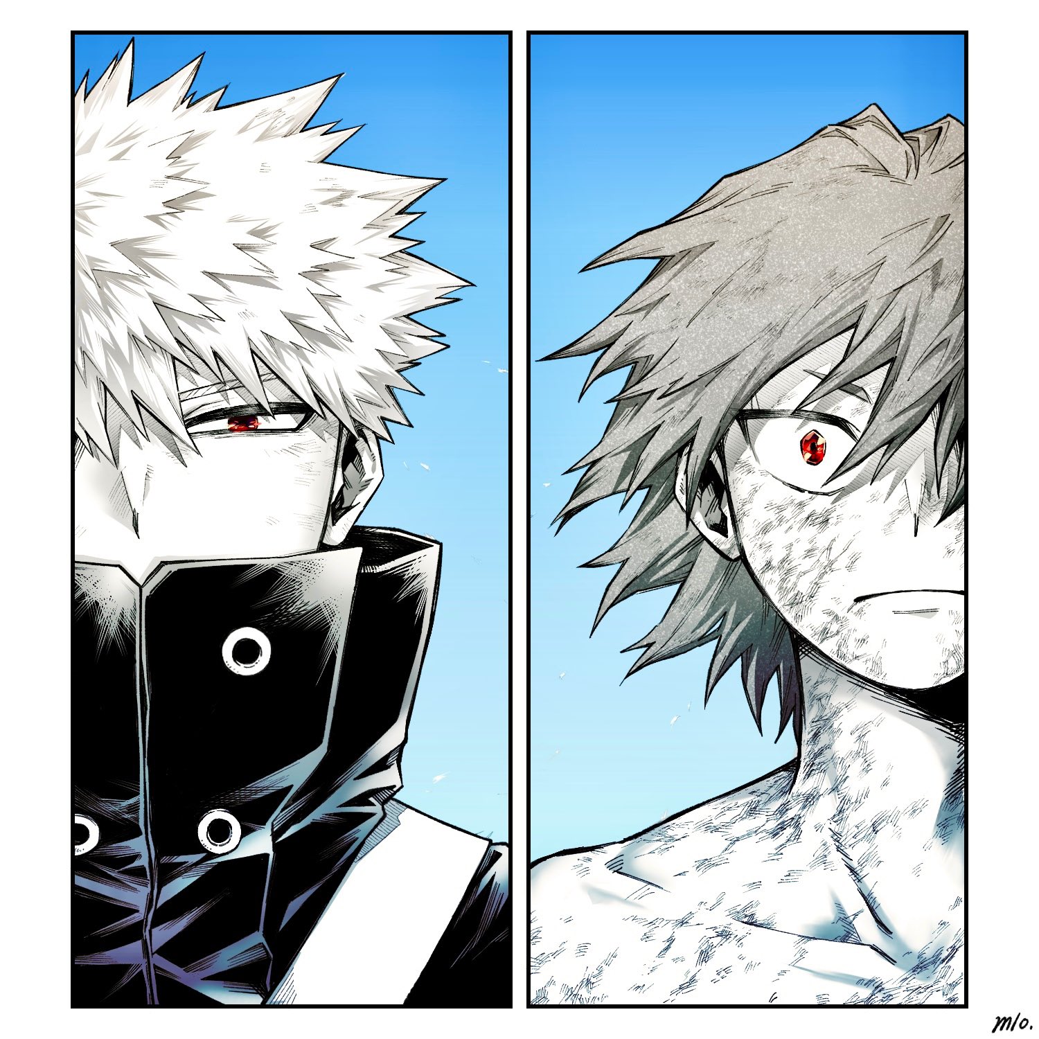 bakugou katsuki, kirishima eijiro, boku no hero academia, commentary request, highres, 17pagdot0w79390, 2boys, blue background, closed mouth, collarbone, dirty, dirty face, greyscale, greyscale with colored background, hair down, looking at viewer, male focus, monochrome, multiple boys, nude, red eyes, short hair, spiked hair, spot color, superhero costume, upper body