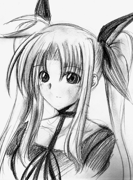 hagane soushi, fate testarossa, lyrical nanoha, mahou shoujo lyrical nanoha, traditional media, 00s, greyscale, hair ribbon, long hair, monochrome, ribbon, sketch, twintails