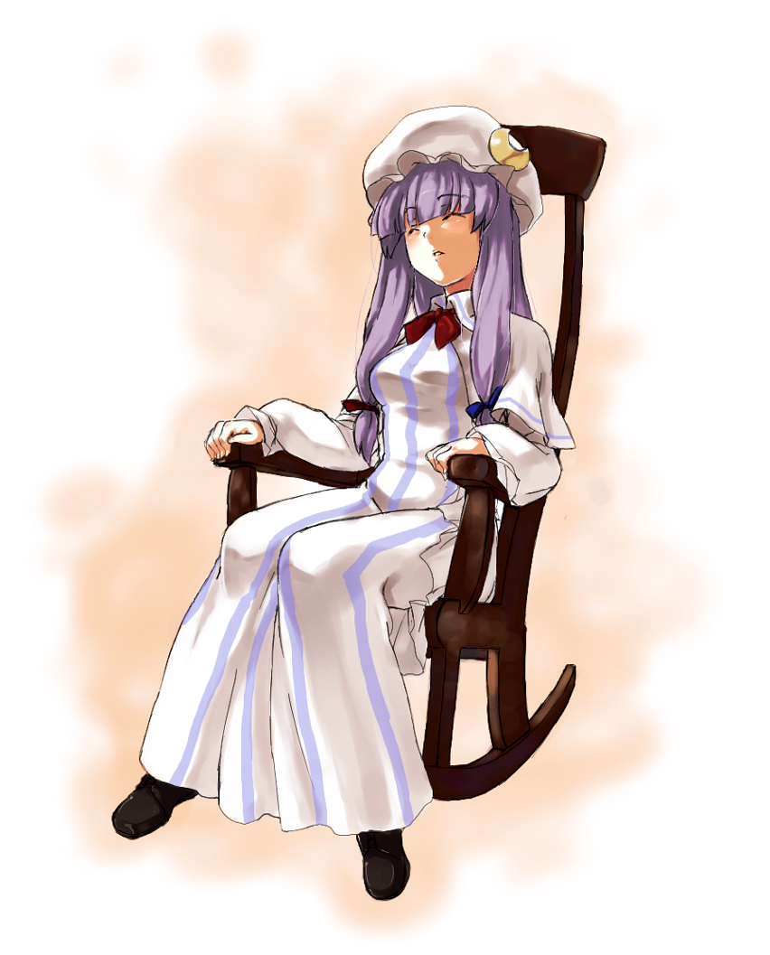 kirisato itsuki, patchouli knowledge, touhou, bad id, bad pixiv id, 1girl, chair, closed eyes, crescent, crescent hat ornament, female focus, full body, gradient background, hat, hat ornament, long hair, purple hair, ribbon, sitting, sleeping, sleeping upright, solo