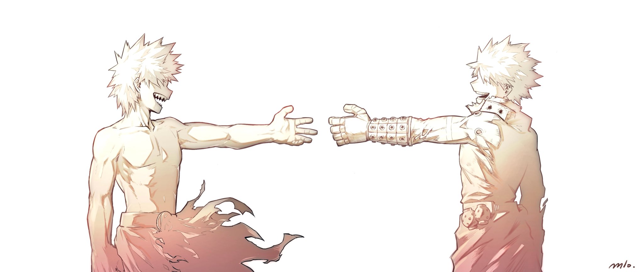 bakugou katsuki, kirishima eijiro, boku no hero academia, commentary request, highres, 17pagdot0w79390, 2boys, from side, happy, looking at another, male focus, multiple boys, open mouth, sharp teeth, short hair, simple background, smile, spiked hair, superhero costume, teeth, topless male, white background