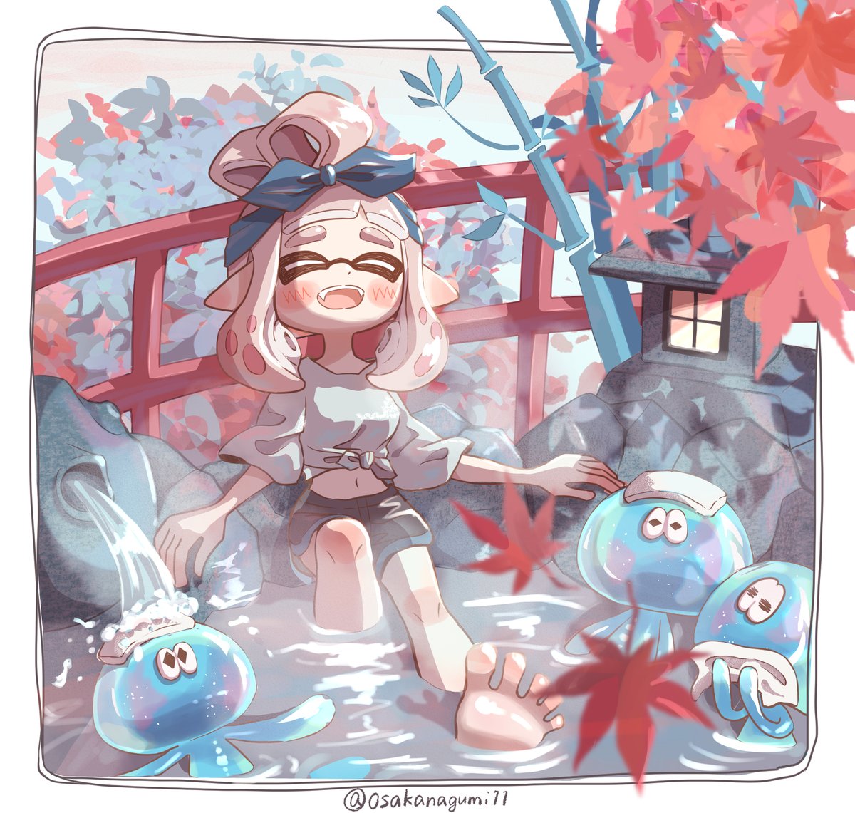 osakanagumi11, inkling girl, inkling player character, jellyfish (splatoon), nintendo, splatoon (series), splatoon 3, commentary request, 1girl, black shorts, blue bow, blue hairband, bow, bow hairband, closed eyes, falling leaves, hairband, inkling, leaf, long hair, navel, onsen, open mouth, outdoors, pink hair, shirt, shorts, soles, tentacle hair, thick eyebrows, toes, water, white shirt