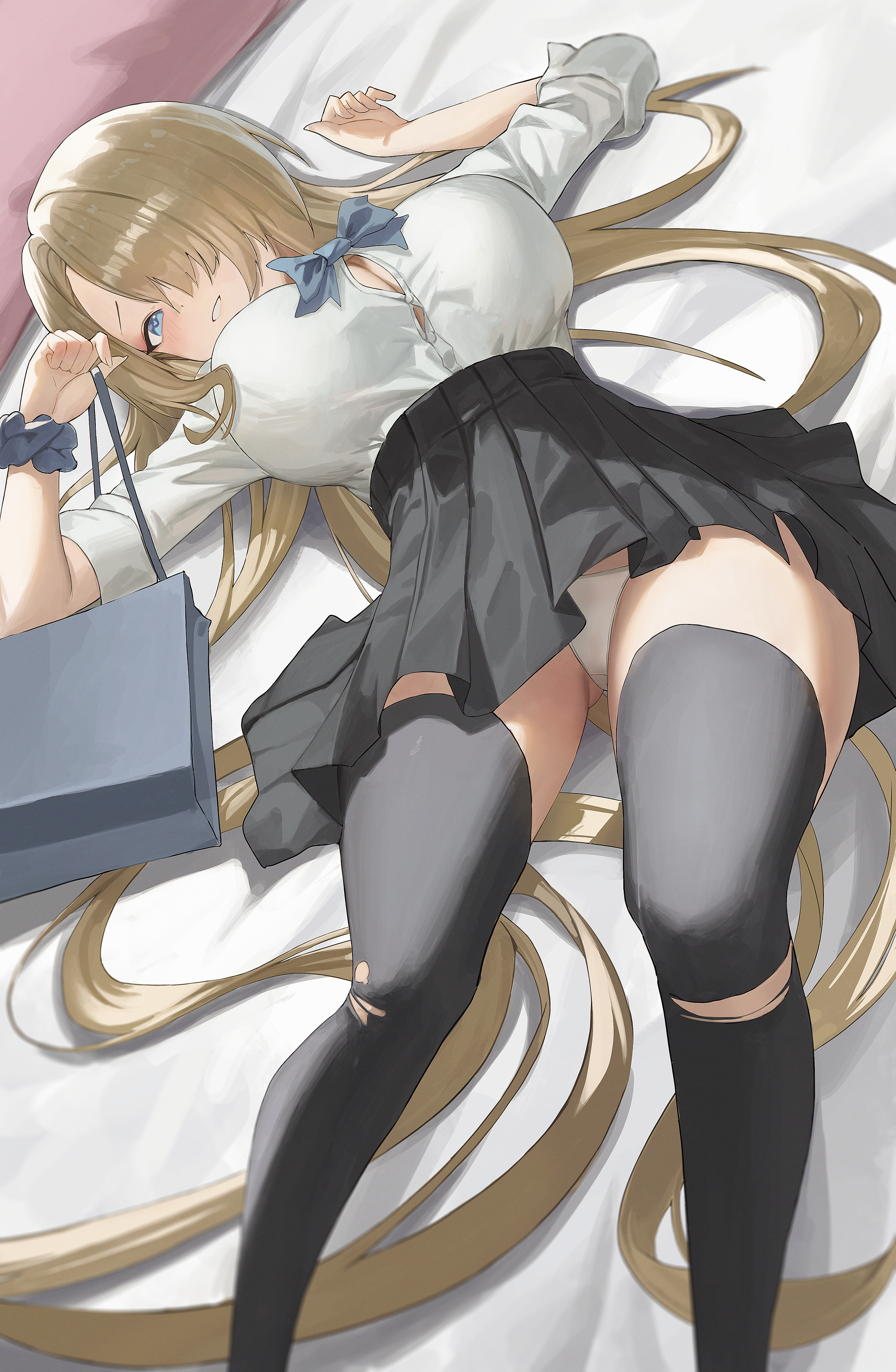 black c (net dust), asuna (blue archive), blue archive, absurdres, commentary request, highres, 1girl, absurdly long hair, asymmetrical bangs, black bag, black pantyhose, black skirt, black thighhighs, blonde hair, blue bow, blue bowtie, blue eyes, blue scrunchie, bow, bowtie, breasts, hair over one eye, large breasts, long hair, panties, pantyhose, pantyshot, pleated skirt, scrunchie, shirt, skirt, solo, thighhighs, thighs, torn clothes, torn thighhighs, underwear, very long hair, white panties, white shirt, wrist scrunchie