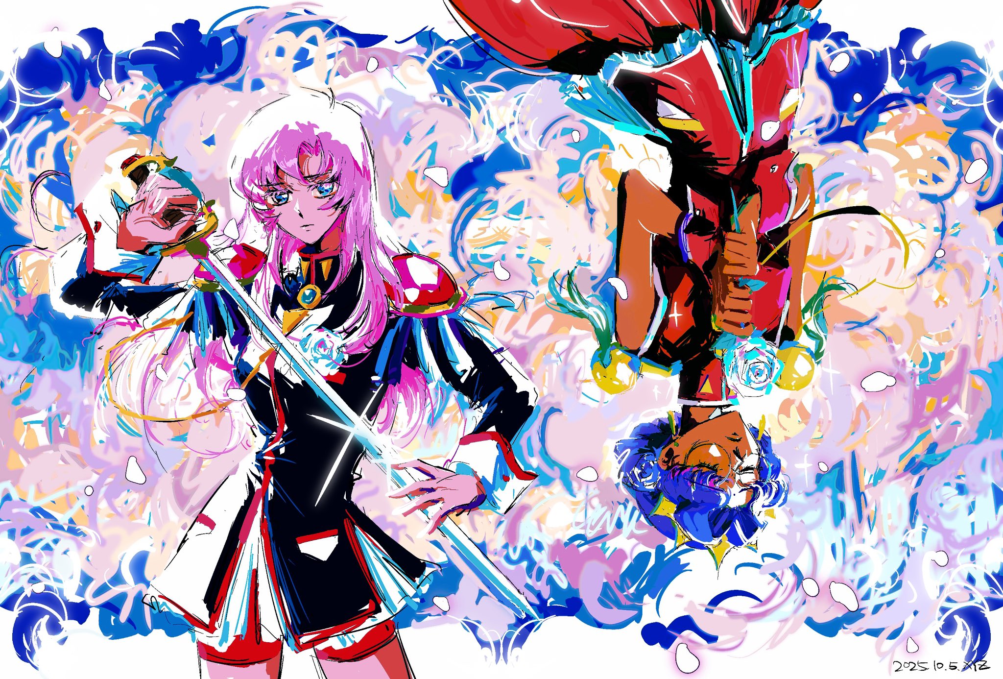 windychariot, himemiya anthy, tenjou utena, shoujo kakumei utena, highres, 2girls, black jacket, blue eyes, dress, glasses, jacket, long dress, multiple girls, pink hair, purple hair, red dress, red shorts, shorts, sword, upside-down, weapon