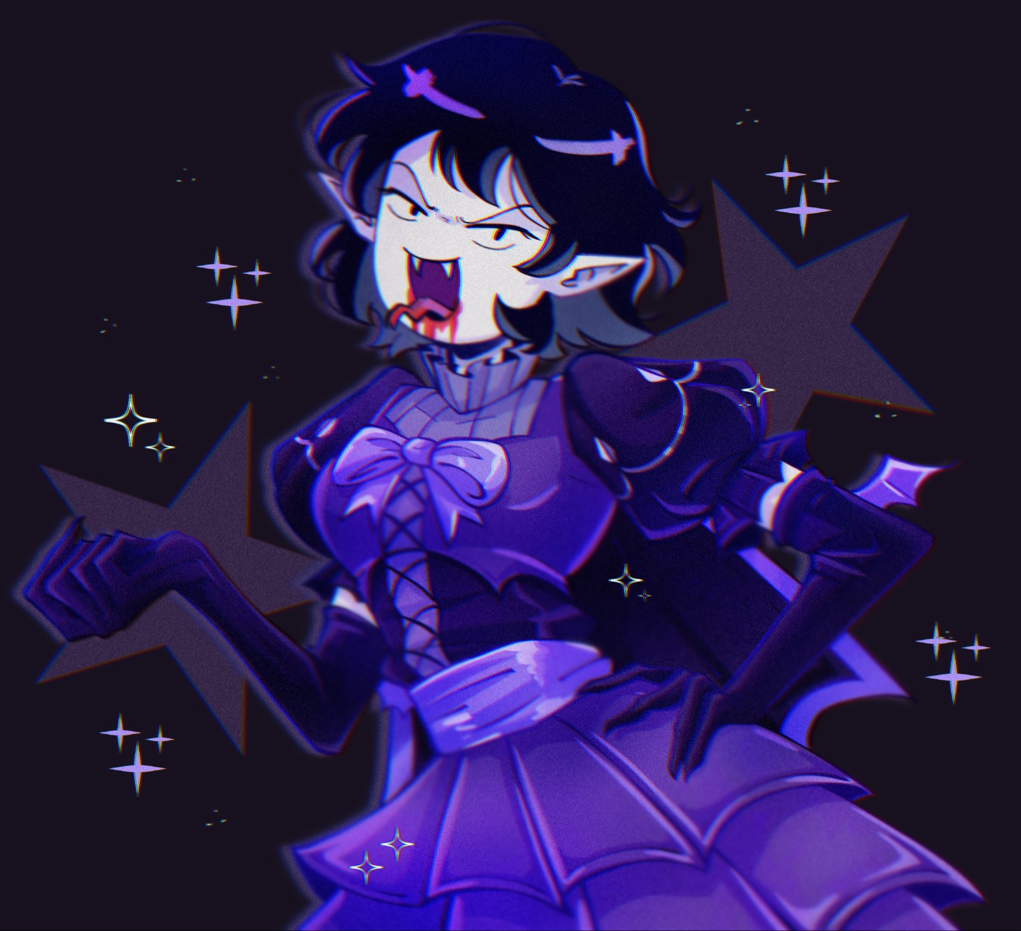 pichichustudio, marceline abadeer, adventure time, highres, black dress, black gloves, blood, blood from mouth, dress, elbow gloves, fangs, frilled dress, frills, gloves, puffy short sleeves, puffy sleeves, short sleeves, tongue, tongue out, v-shaped eyebrows