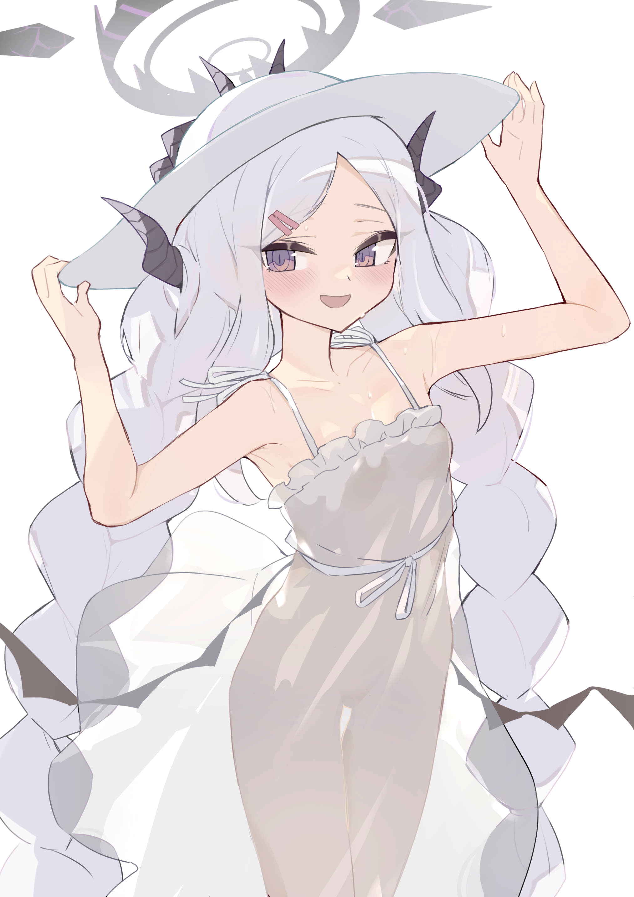 ura ra1800, hina (blue archive), blue archive, absurdres, commentary request, highres, 1girl, :d, alternate costume, alternate hairstyle, armpits, bare arms, bare shoulders, black halo, black horns, black wings, blush, braid, breasts, collarbone, cowboy shot, curled horns, demon girl, demon horns, demon wings, dress, floating clothes, forehead, hair ornament, hairclip, halo, hands on headwear, hat, horns, horns through headwear, long hair, looking at viewer, low twin braids, low wings, middle part, mini wings, multiple horns, open mouth, parallel hairclips, parted bangs, petite, purple eyes, ribbon, see-through clothes, see-through dress, sidelocks, simple background, sleeveless, sleeveless dress, small breasts, smile, solo, spaghetti strap, spiked halo, standing, sun hat, sundress, sweat, thigh gap, translucent, twin braids, very long hair, white background, white hair, white hat, white ribbon, wings