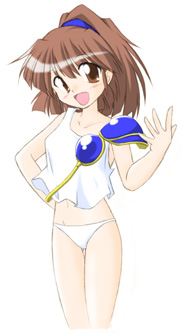 arle nadja, madou monogatari, puyopuyo, sega, artist request, lowres, 1girl, blush, breasts, brown eyes, brown hair, collarbone, hand on own hip, loli, long hair, looking at viewer, midriff, navel, open mouth, panties, ponytail, shirt, shoulder pads, single shoulder pad, small breasts, smile, standing, tank top, underwear, white background, white panties, white shirt