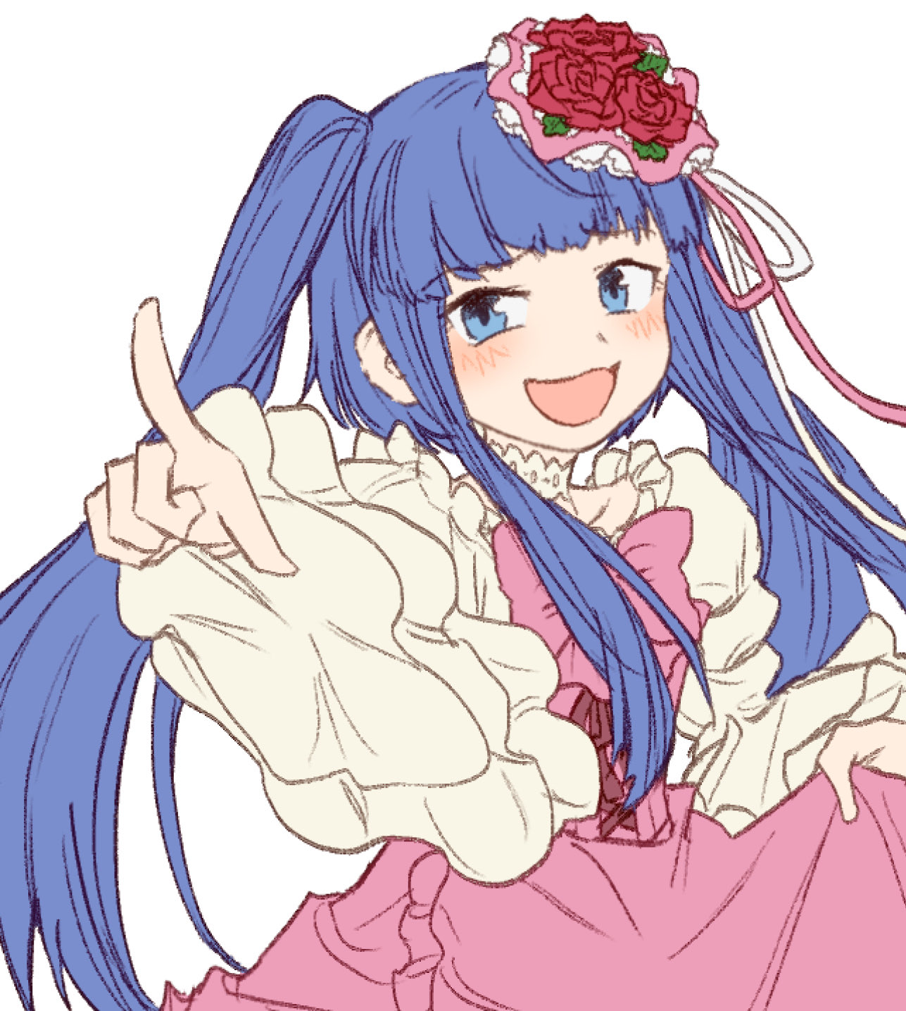 hswoimuxk0pwr0h (bbdan), furudo erika, umineko no naku koro ni, commentary request, highres, 1girl, blue eyes, blue hair, bow, dress, flower, open mouth, pink bow, pointing, red flower, red rose, rose, simple background, smile, solo, standing, twintails, upper body, white background, white dress