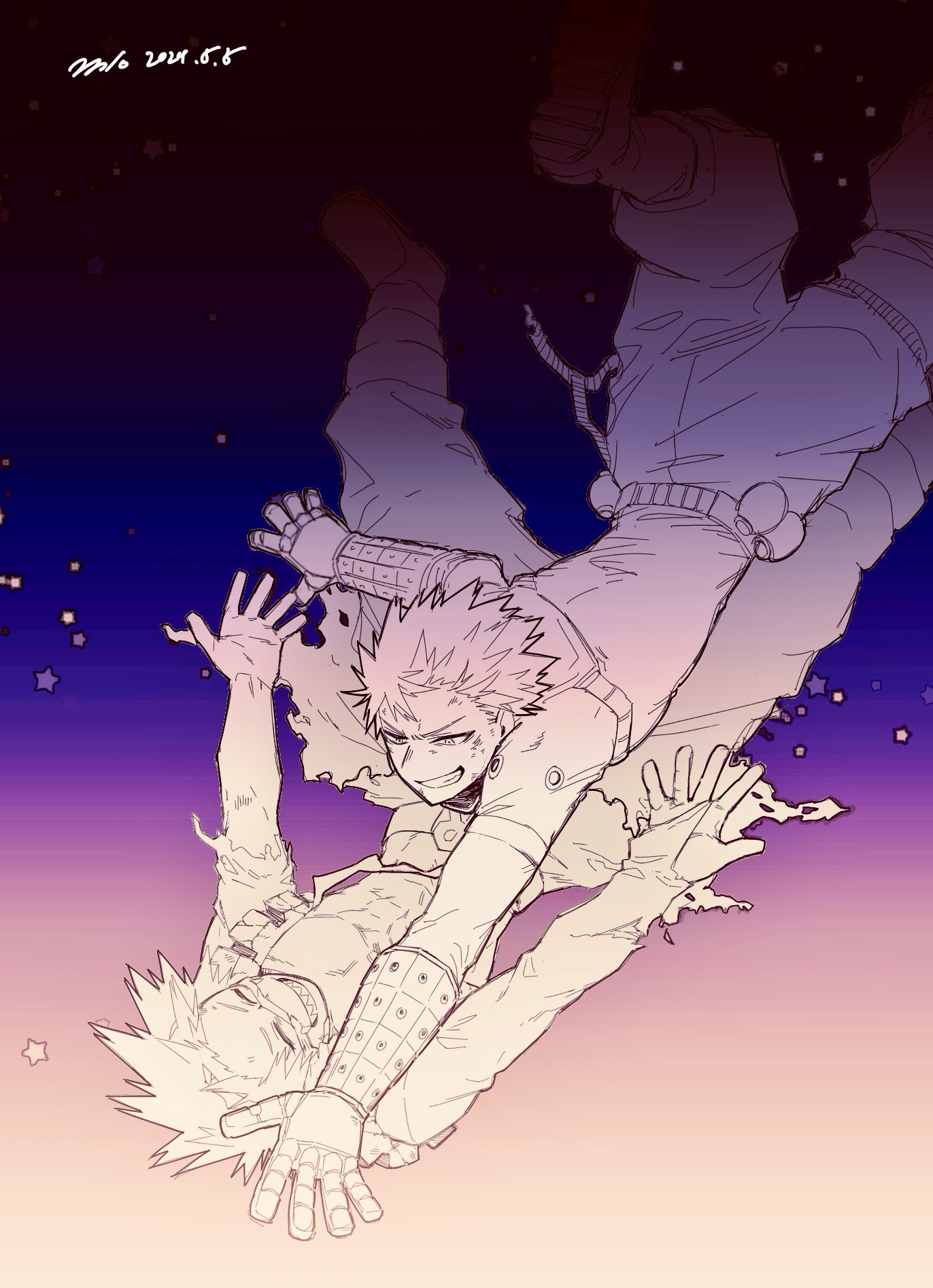 bakugou katsuki, kirishima eijiro, boku no hero academia, commentary request, highres, 17pagdot0w79390, 2boys, feet out of frame, full body, greyscale, happy, imminent hug, looking at another, male focus, monochrome, multiple boys, short hair, smile, spiked hair, superhero costume
