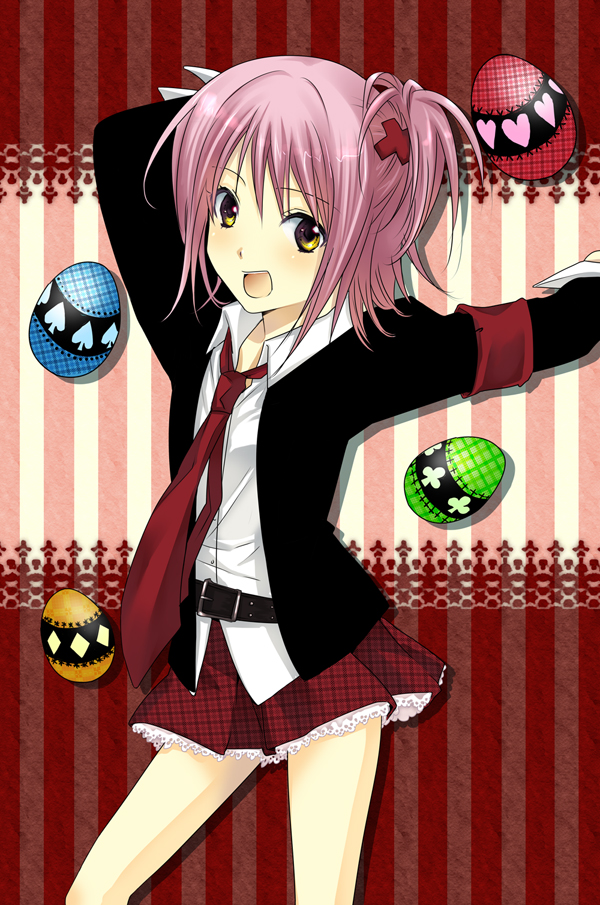 3u, hinamori amu, shugo chara!, plaid, bad id, bad pixiv id, 1girl, armband, belt, blush, egg, female focus, hair ornament, necktie, pink hair, school uniform, skirt, smile, solo, yellow eyes