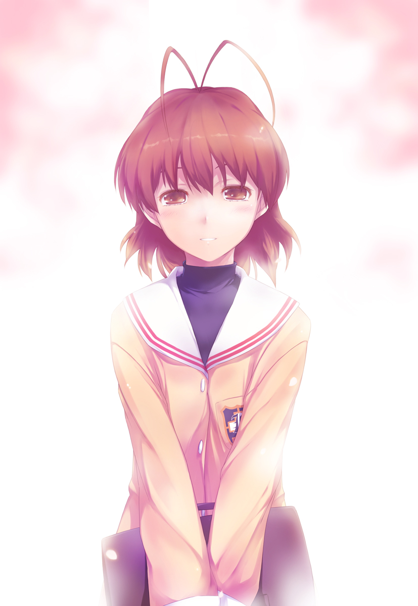 nanakusa, furukawa nagisa, clannad, highres, 00s, antenna hair, bag, bloom, brown eyes, brown hair, half-closed eyes, school bag, school uniform, short hair, solo, white background
