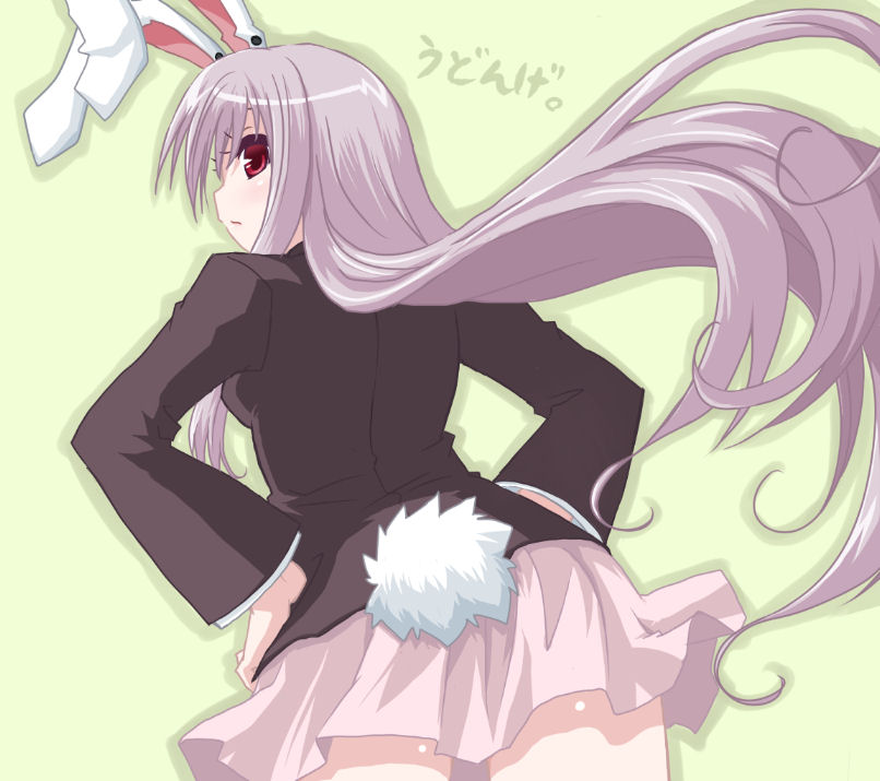 miruki, reisen udongein inaba, touhou, bad id, bad pixiv id, 1girl, animal ears, female focus, hands on own hips, long hair, looking back, purple hair, rabbit ears, rabbit girl, rabbit tail, red eyes, skirt, solo, tail