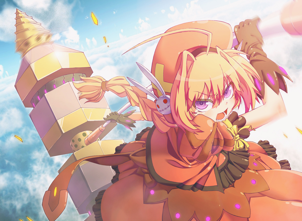 is ii, graf eisen, vita (nanoha), lyrical nanoha, mahou shoujo lyrical nanoha, mahou shoujo lyrical nanoha a's, bad id, bad pixiv id, 00s, action, ahoge, braid, dress, flying, gloves, hat, purple eyes, red hair, solo, twin braids