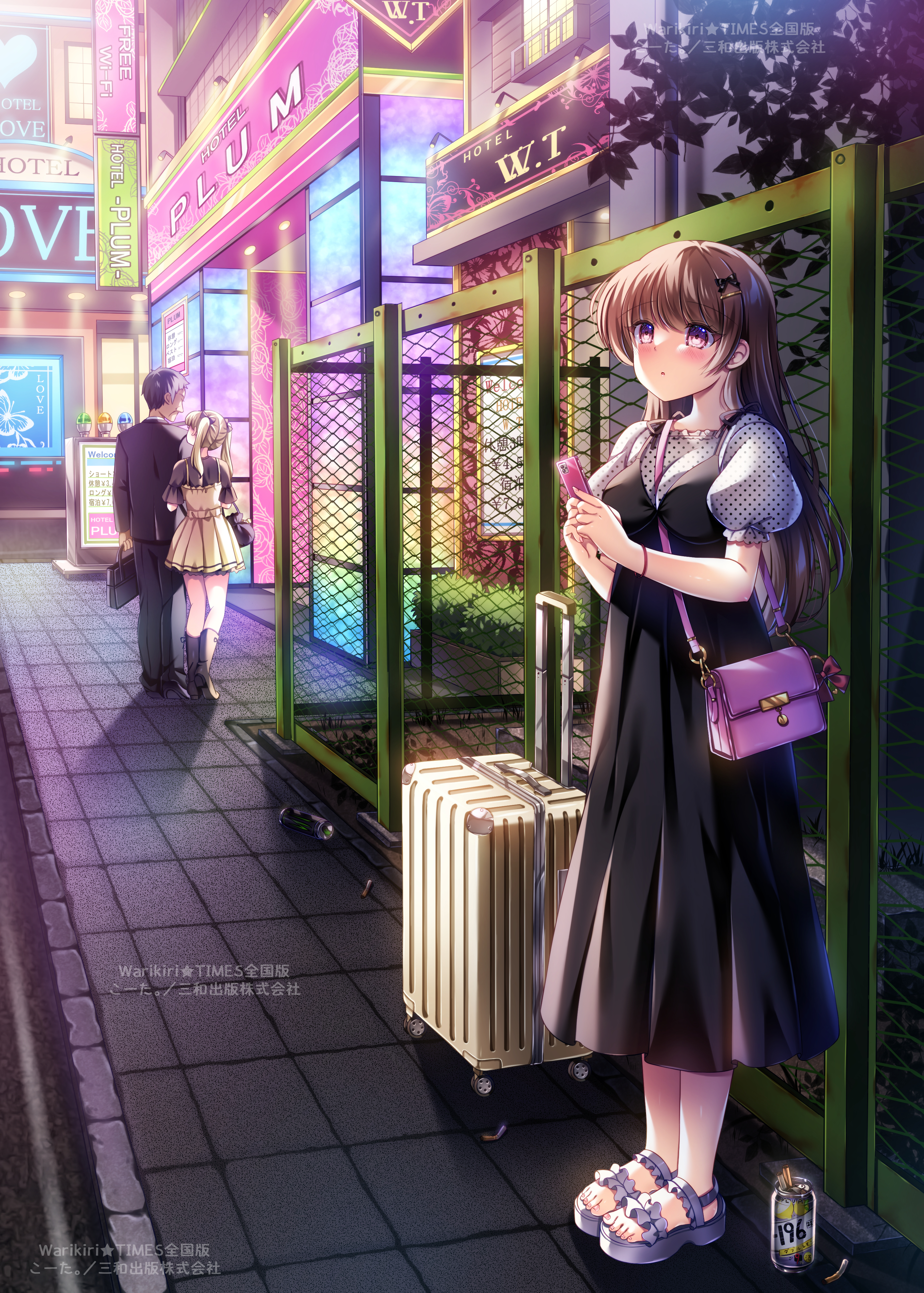 kouta., monster energy, original, absurdres, commentary request, highres, 1boy, 2girls, :o, bag, between breasts, black boots, black bow, black dress, black jacket, black pants, black shirt, blush, boots, bow, breasts, briefcase, brown dress, brown hair, building, can, cellphone, chain-link fence, cigarette butt, dress, energy drink, english text, fence, frilled footwear, grey sandals, hair bow, hair ornament, hairclip, handbag, heart, holding, holding phone, jacket, long hair, love hotel, medium breasts, multiple girls, nail polish, outdoors, pants, parted lips, phone, pink nails, pleated dress, puffy short sleeves, puffy sleeves, red eyes, rolling suitcase, sandals, shirt, shoe soles, short sleeves, shoulder bag, sign, strap between breasts, suitcase, toenail polish, toenails, twintails, very long hair, watermark
