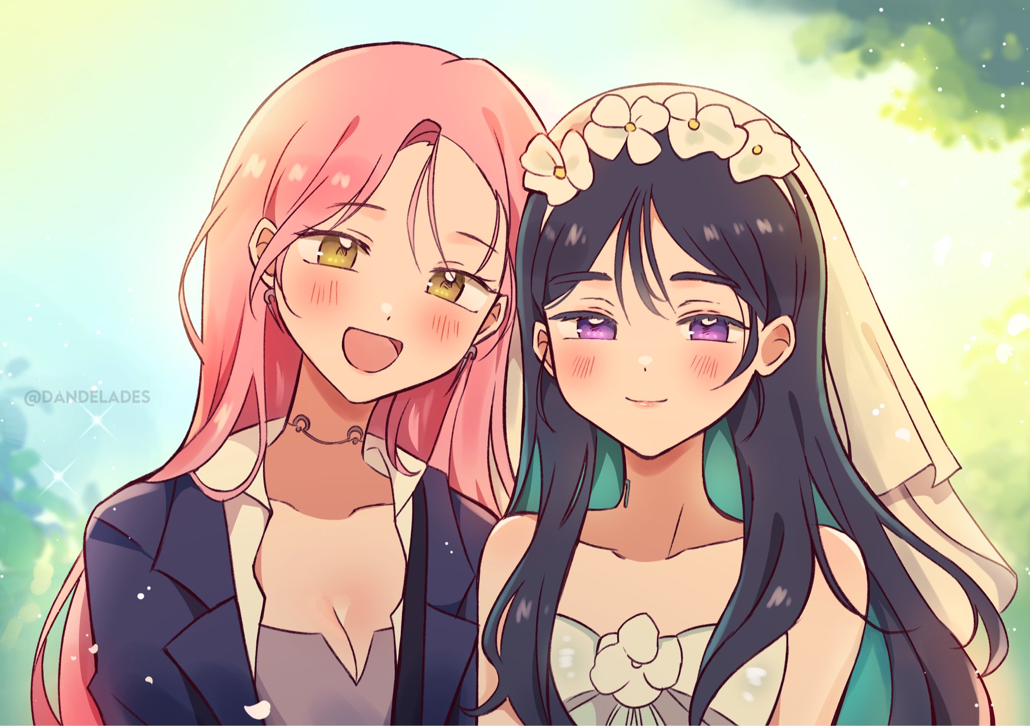 des (desoowee), mizi (alien stage), sua (alien stage), alien stage, commentary, english commentary, highres, 2girls, bare shoulders, black hair, black jacket, blush, breasts, bridal veil, cleavage, closed eyes, collared shirt, dress, flower, grey shirt, hair flower, hair ornament, jacket, long hair, multiple girls, official alternate costume, official alternate hair length, official alternate hairstyle, open mouth, pink hair, purple eyes, shirt, smile, strapless, strapless dress, suit jacket, twitter username, veil, wedding dress, white dress, white flower, white shirt, white veil, yellow eyes