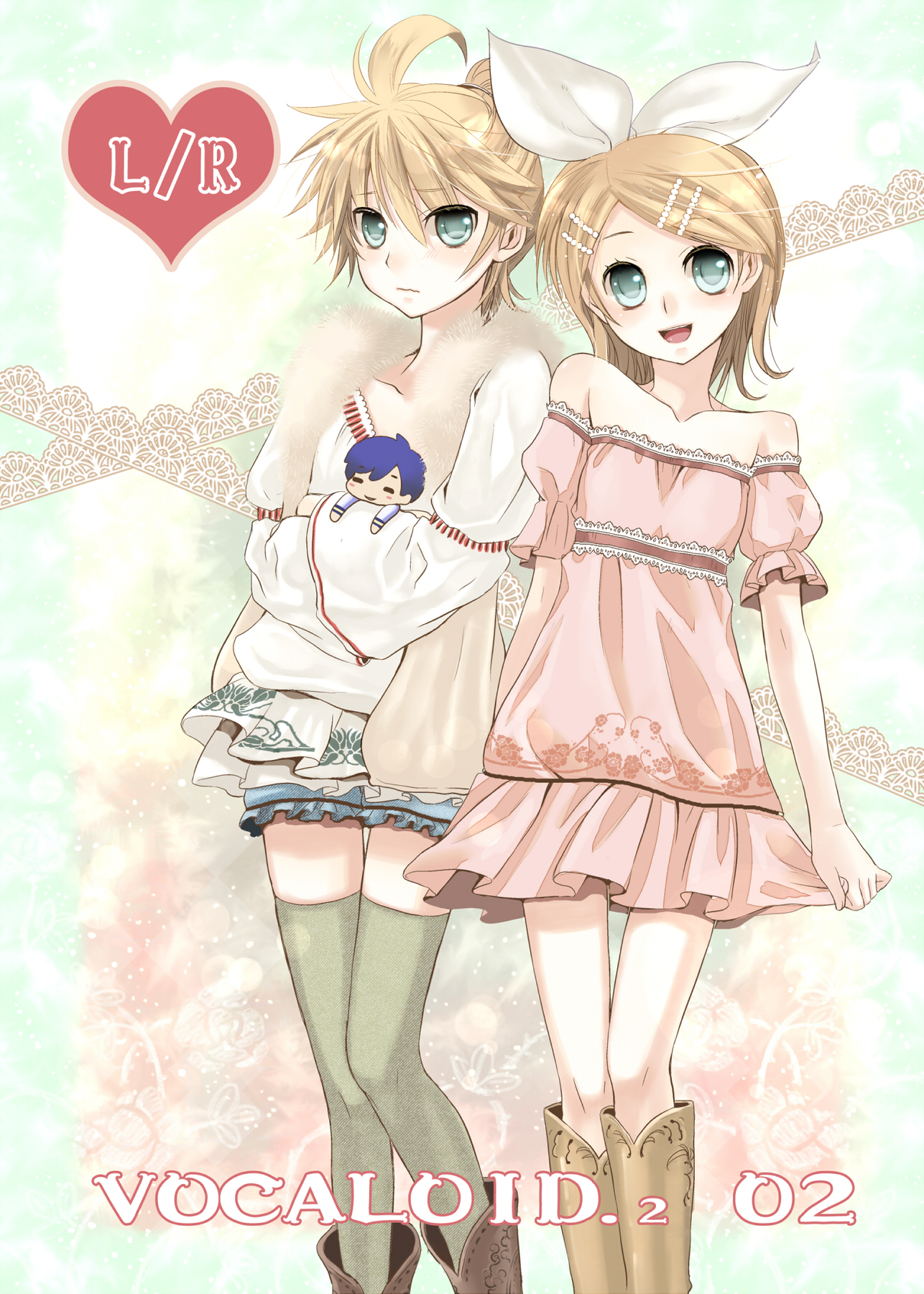 tamara, kagamine len, kagamine rin, kaito (vocaloid), vocaloid, highres, 1girl, 2boys, blonde hair, blue eyes, blue hair, boots, brother and sister, casual, chibi, crossdressing, dress, hair ornament, hairclip, multiple boys, ribbon, shorts, siblings, thighhighs, trap, twins, zettai ryouiki