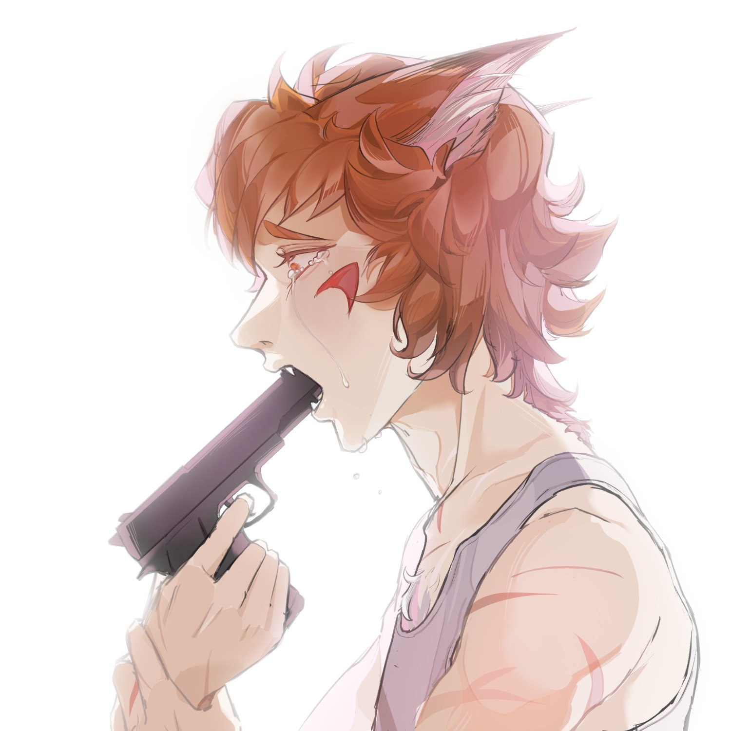 boyfriend to death, highres, 1boy, animal ears, crying, crying with eyes open, fangs, fox ears, from side, gun, gun to mouth, handgun, holding, holding gun, holding own wrist, holding weapon, imminent suicide, kemonomimi mode, male focus, messy hair, multiple scars, open mouth, red eyes, red hair, ren hana (boyfriend to death), scar, scar on arm, short hair, shrimpy ov, solo, tank top, tears, upper body, weapon, white tank top